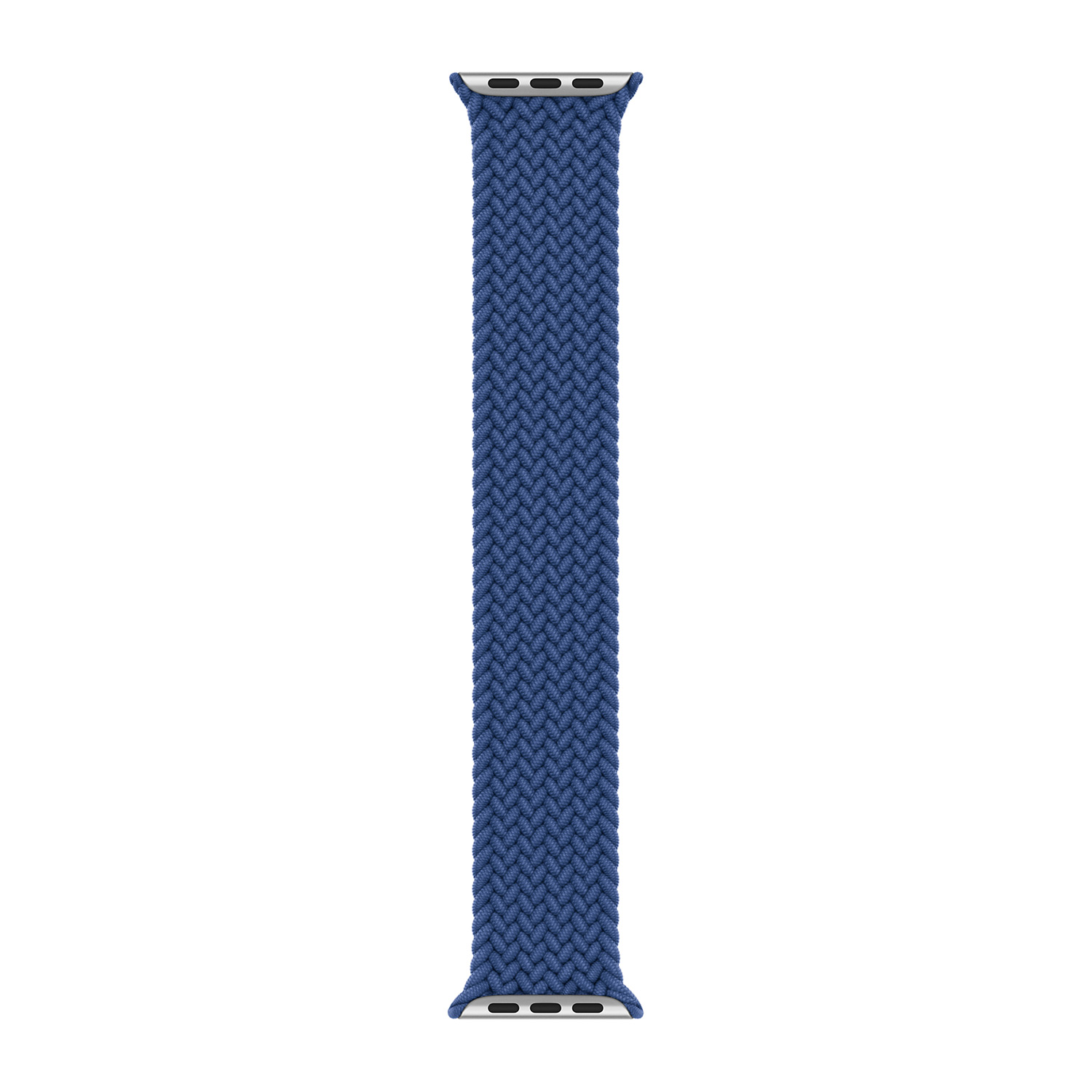 Un cinturino Apple Watch blu intrecciato con connettori argentati.