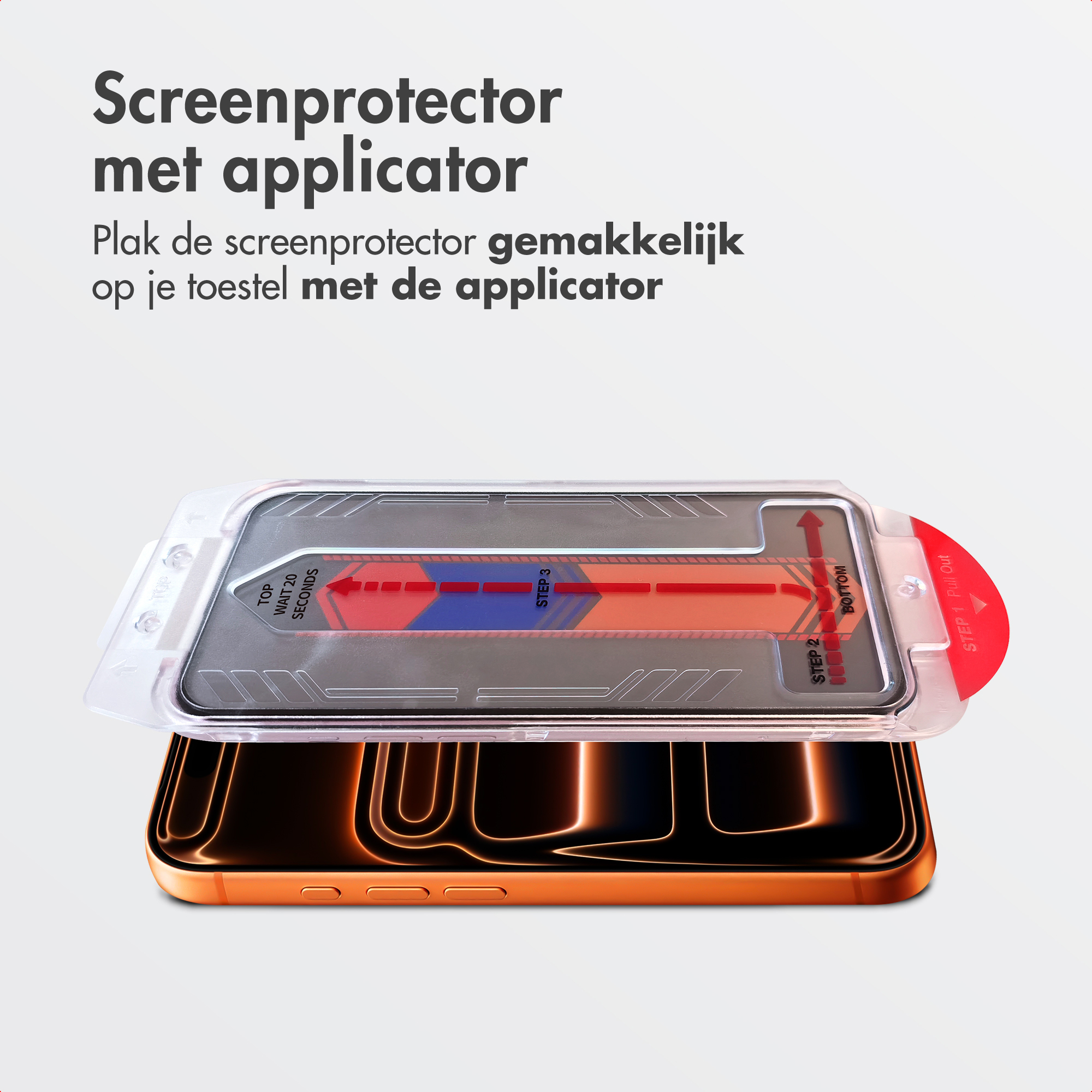 Screen protector with applicator on a phone, showing step-by-step instructions.