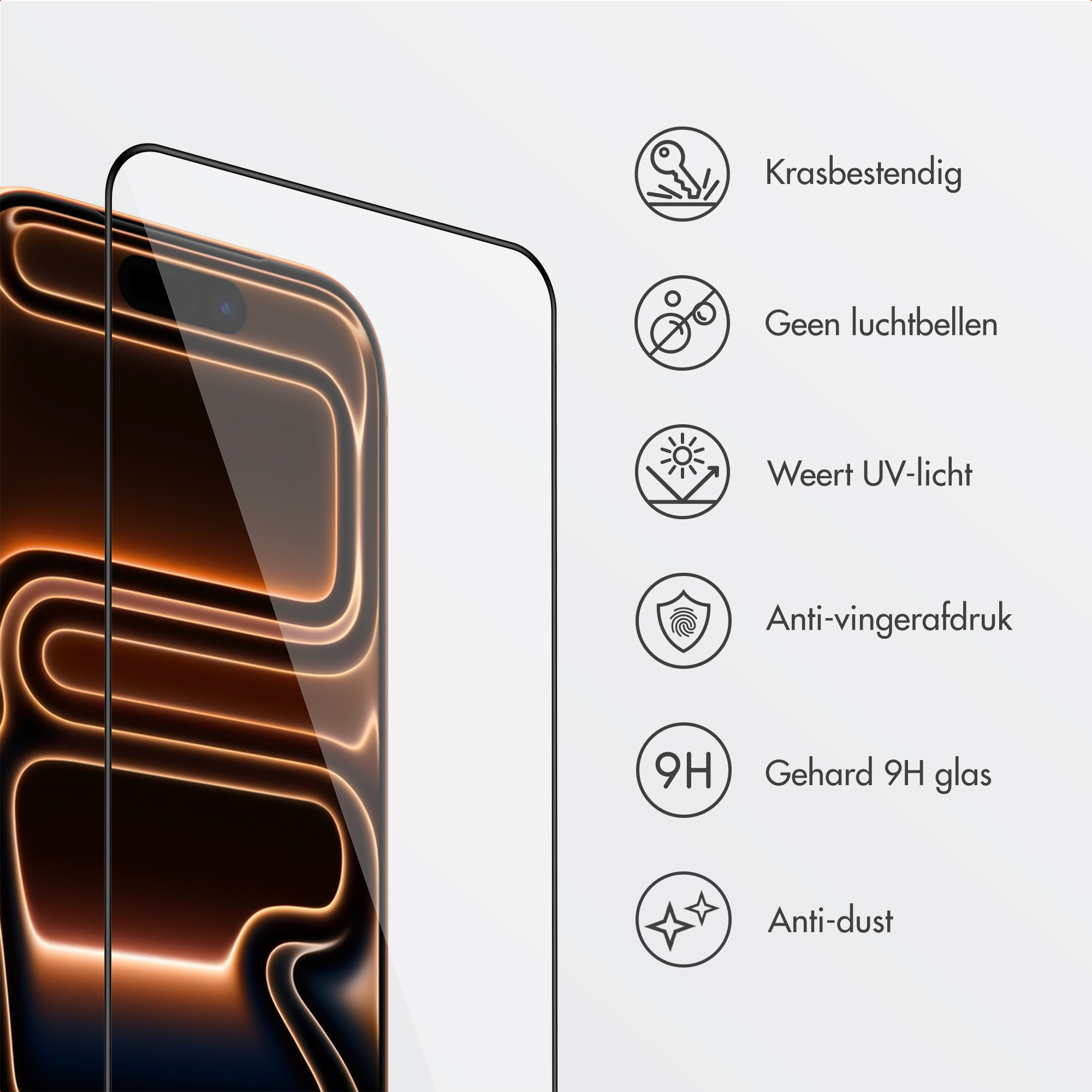 A screen protector with icons for scratch resistance, bubble-free, UV protection.