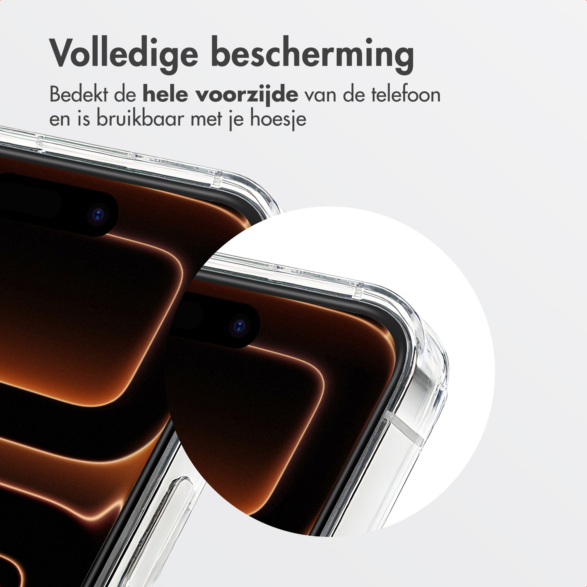 Clear phone case covers the front.