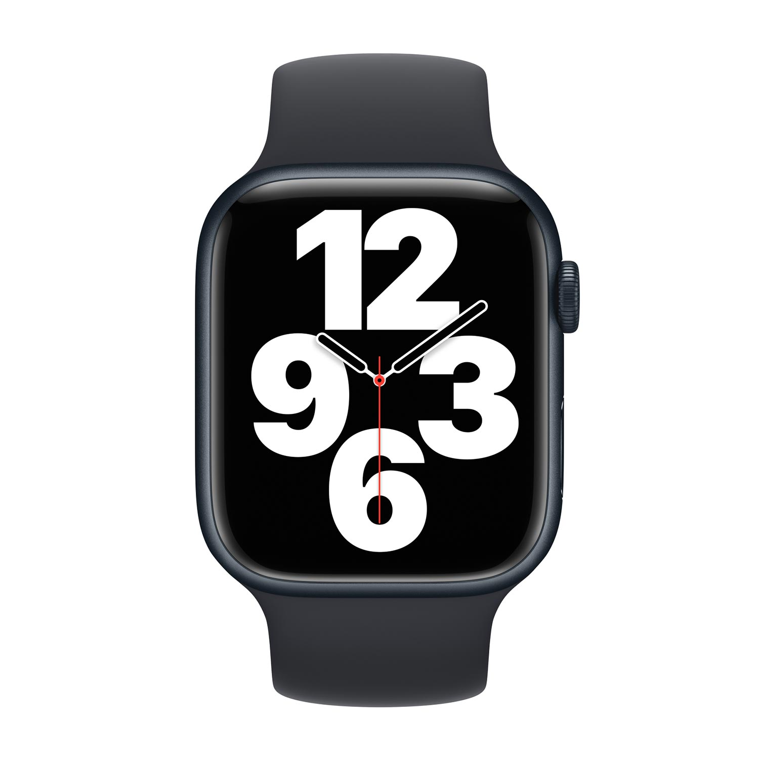 Smartwatch grigio scuro con quadrante grande. Mostra grandi numeri bianchi.