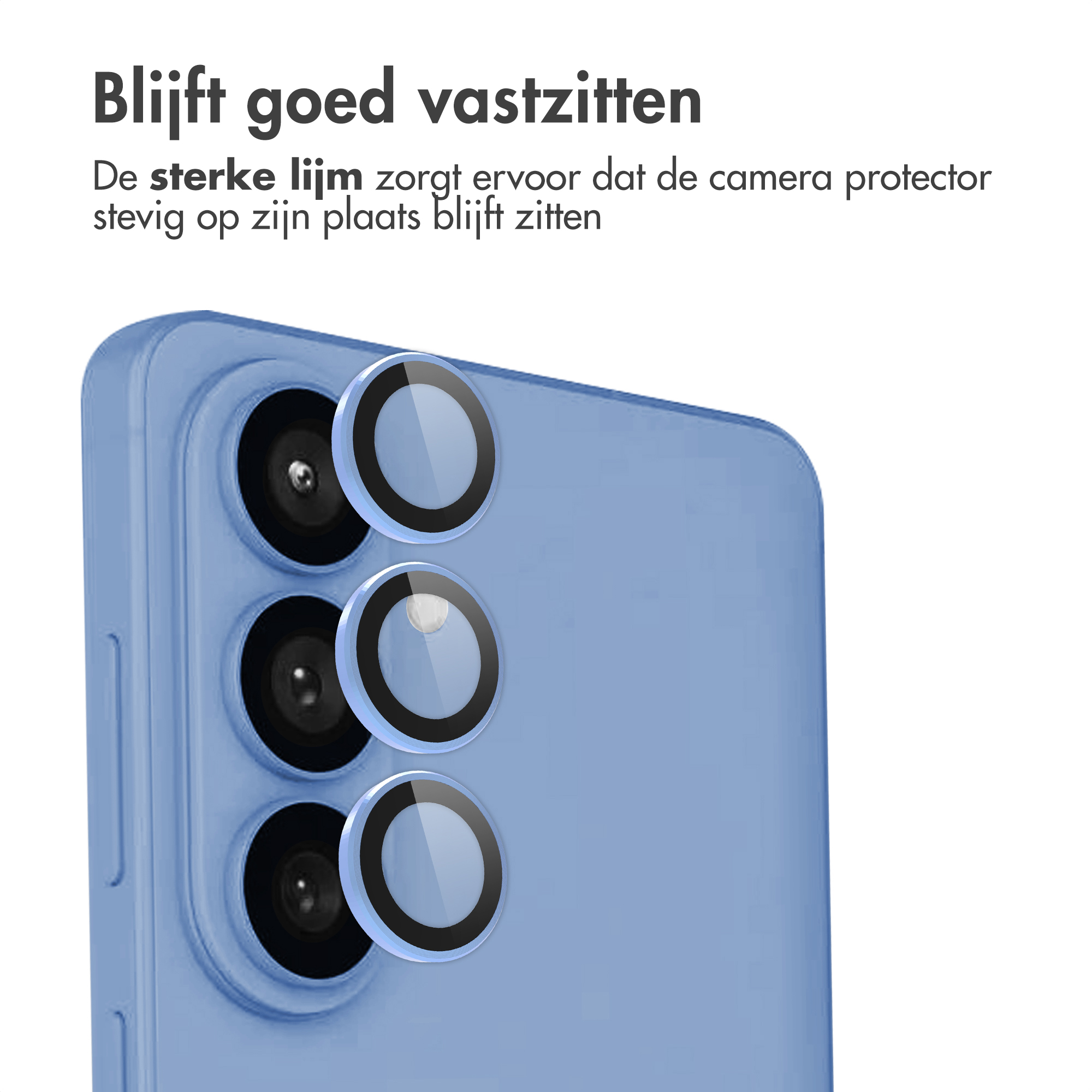 Retro del telefono blu con tre protezioni per obiettivo della fotocamera attaccate.
