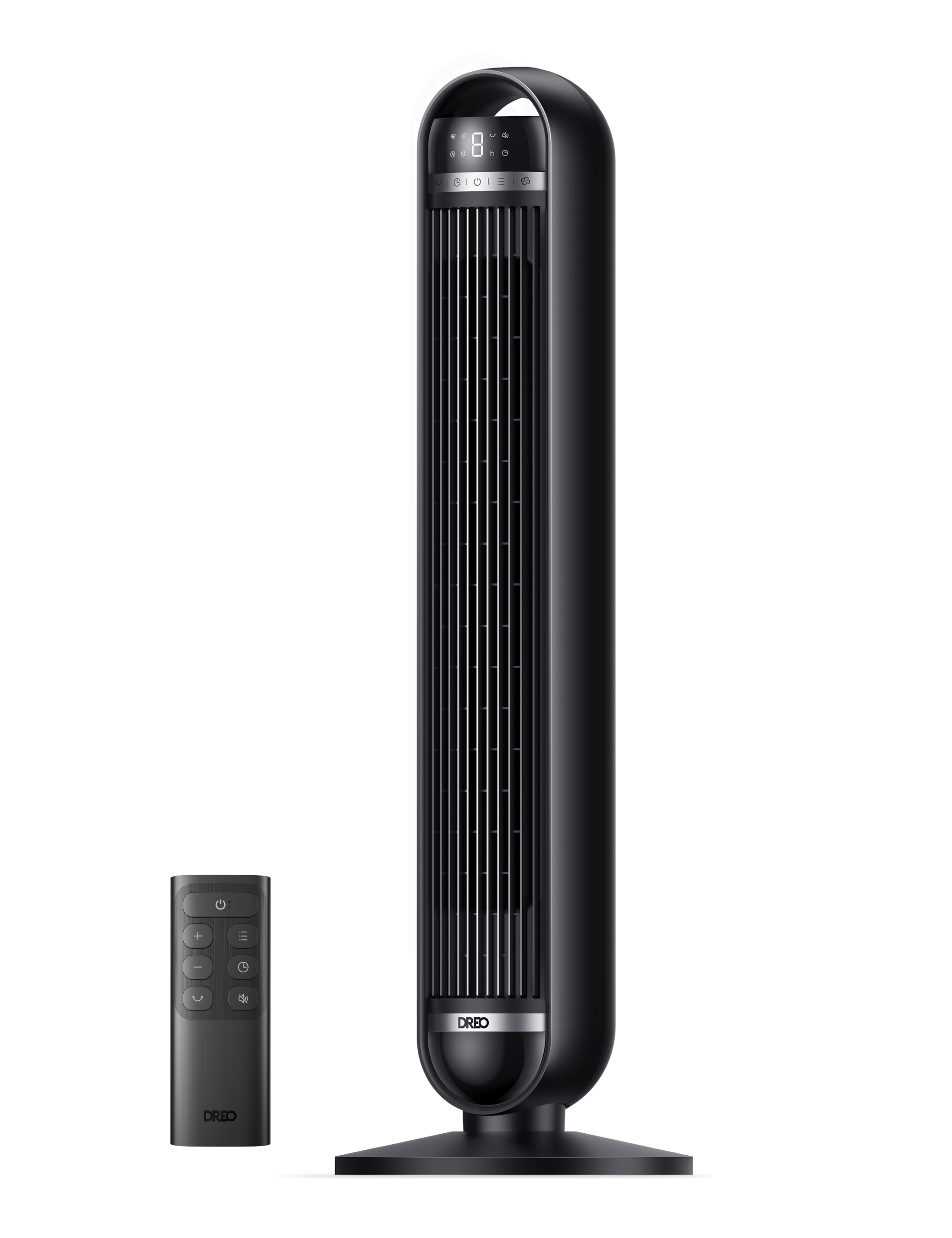 Ein schwarzer Turmventilator mit Fernbedienung auf weißem Hintergrund.