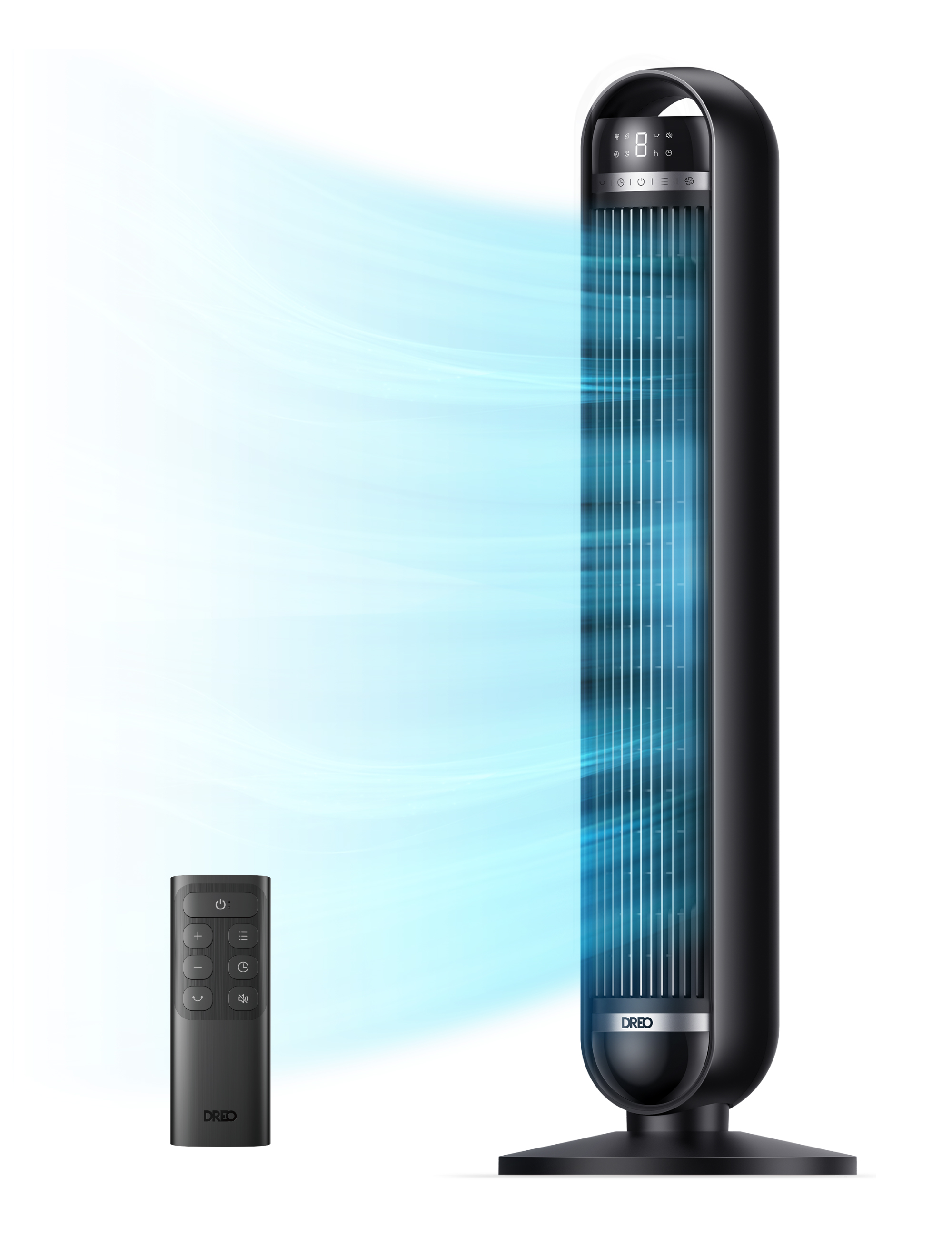 Ein schwarzer Turmventilator mit Fernbedienung und blauen Luftströmen.