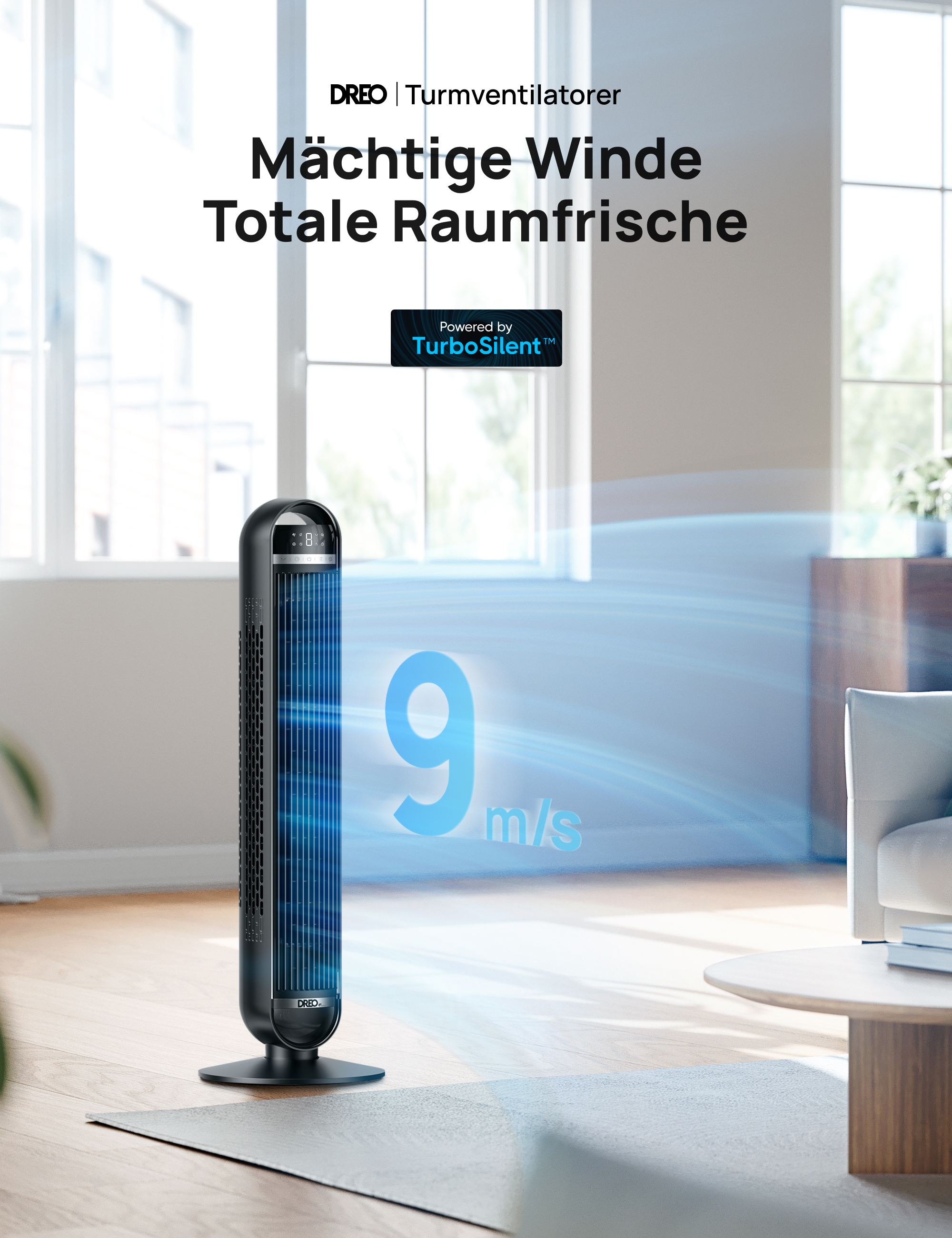 Ein schwarzer Turmventilator mit blauen Luftstromanzeigen und der Zahl 9 m/s.