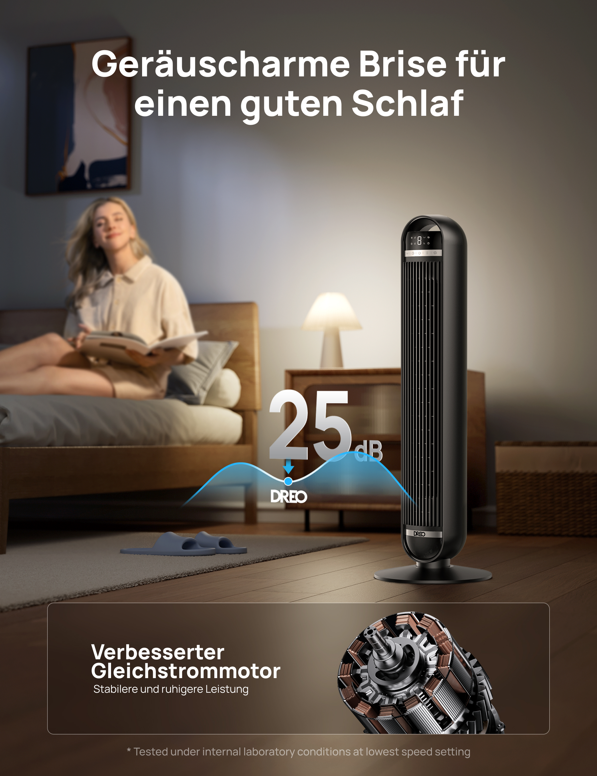 Schwarzer Turmventilator neben einem Bett, 25dB Geräuschpegel.