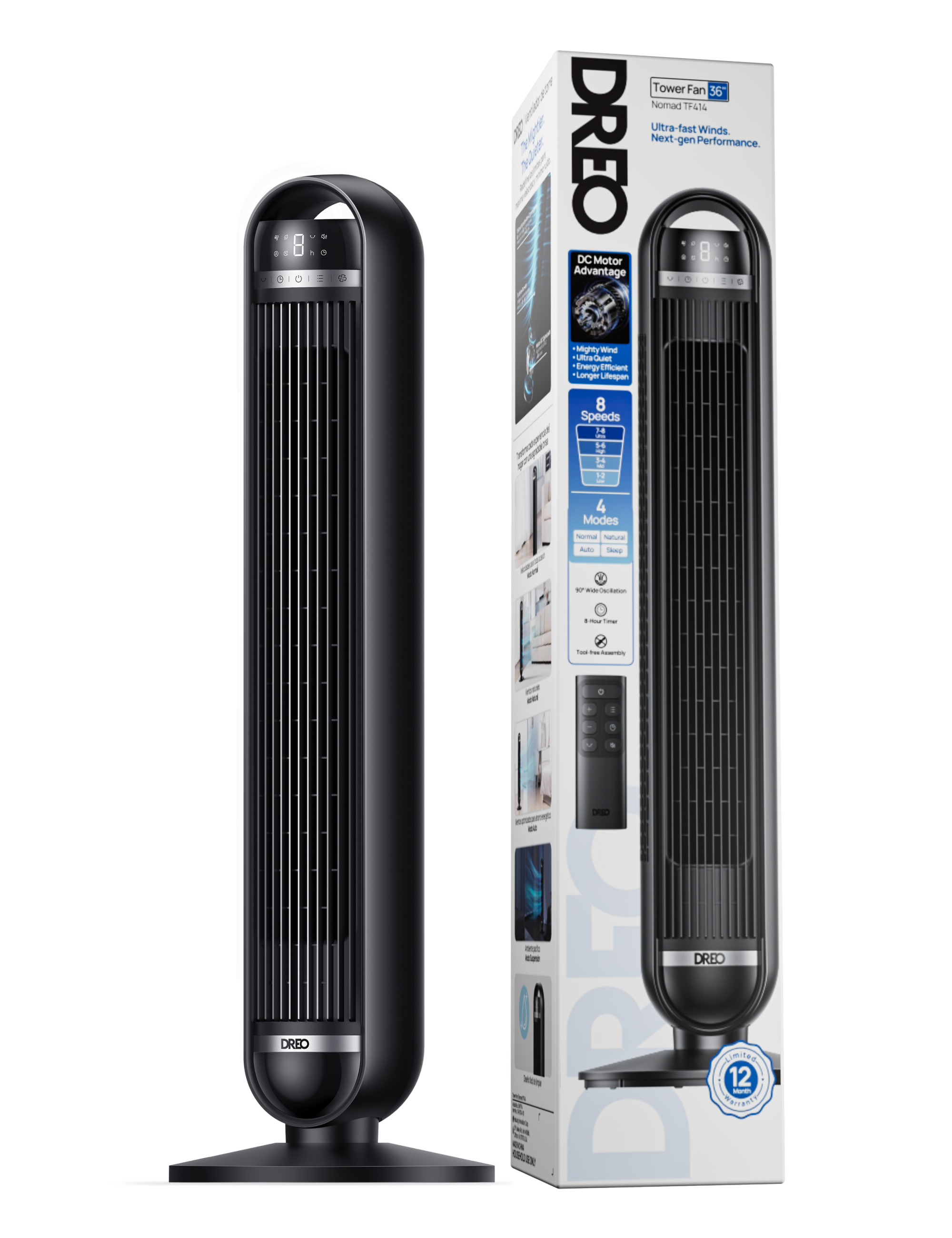 Ein schwarzer Turmventilator steht neben seiner Verpackung, die Merkmale auflistet.