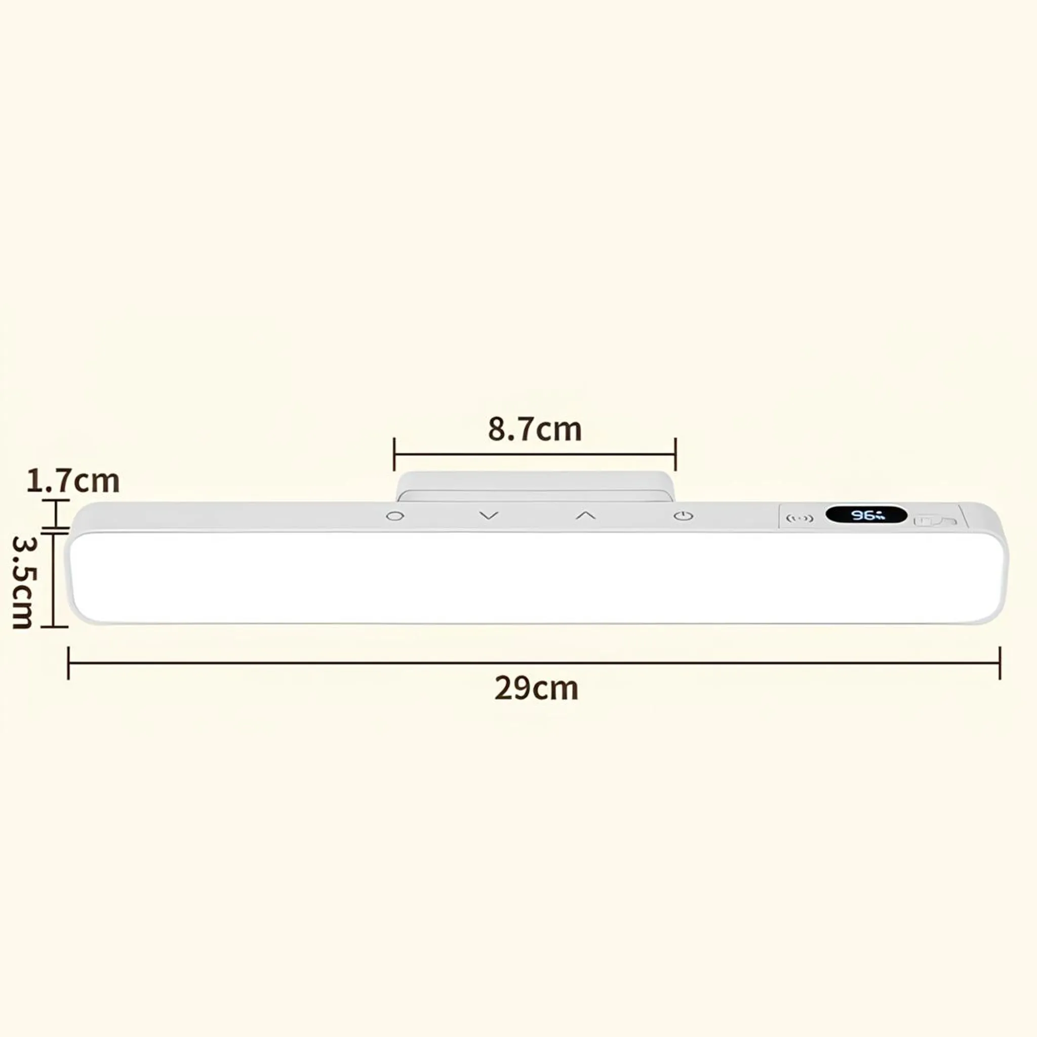 Ein weißer LED-Streifen mit Maßen von 29cm x 3,5cm x 1,7cm.