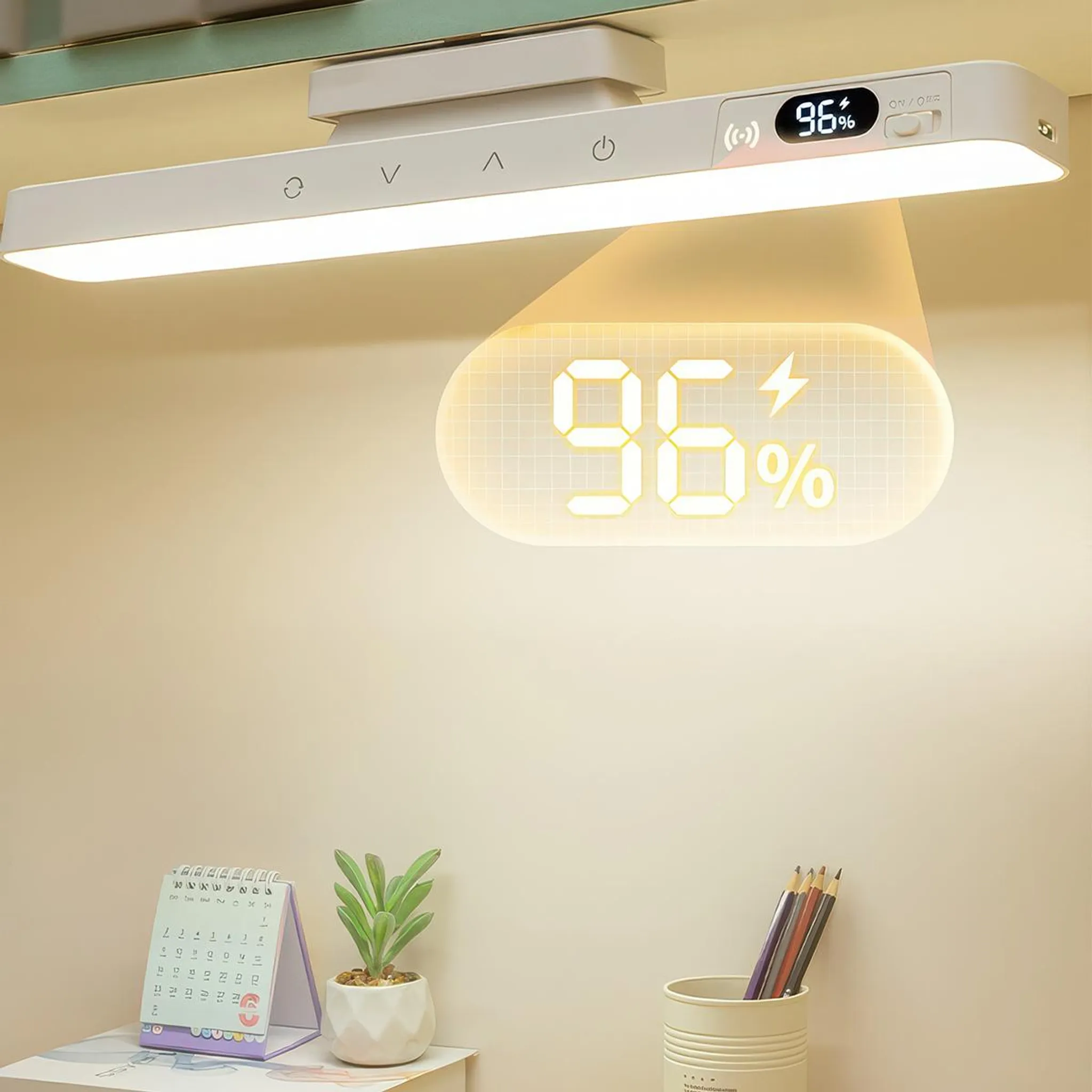 Ein weißer LED-Streifen mit digitaler Anzeige von 96% und Symbolen.