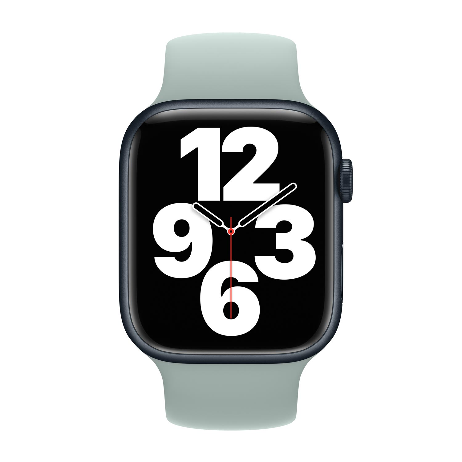 Un Apple Watch grigio con quadrante nero che mostra grandi numeri bianchi.