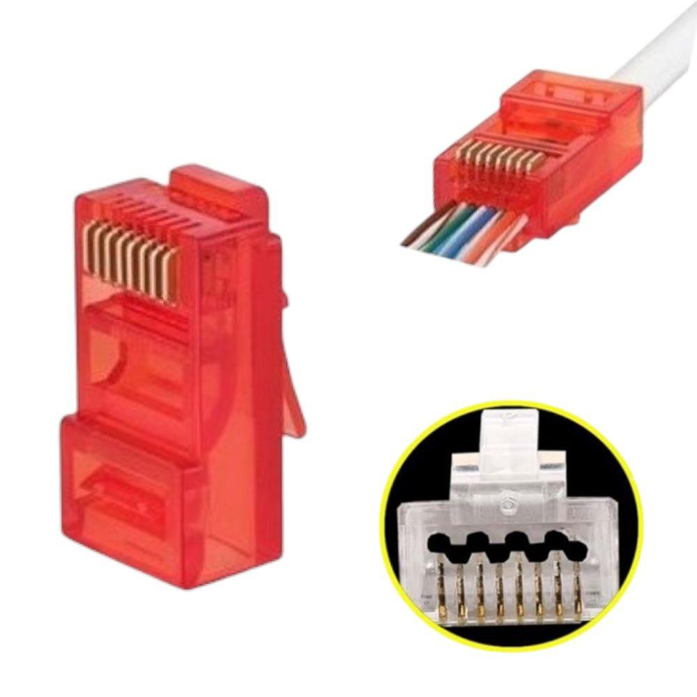 Kırmızı bir RJ45 konektörünün üç görünümü. Biri tam konektörü, diğeri içine giren bir kabloyu gösteriyor.