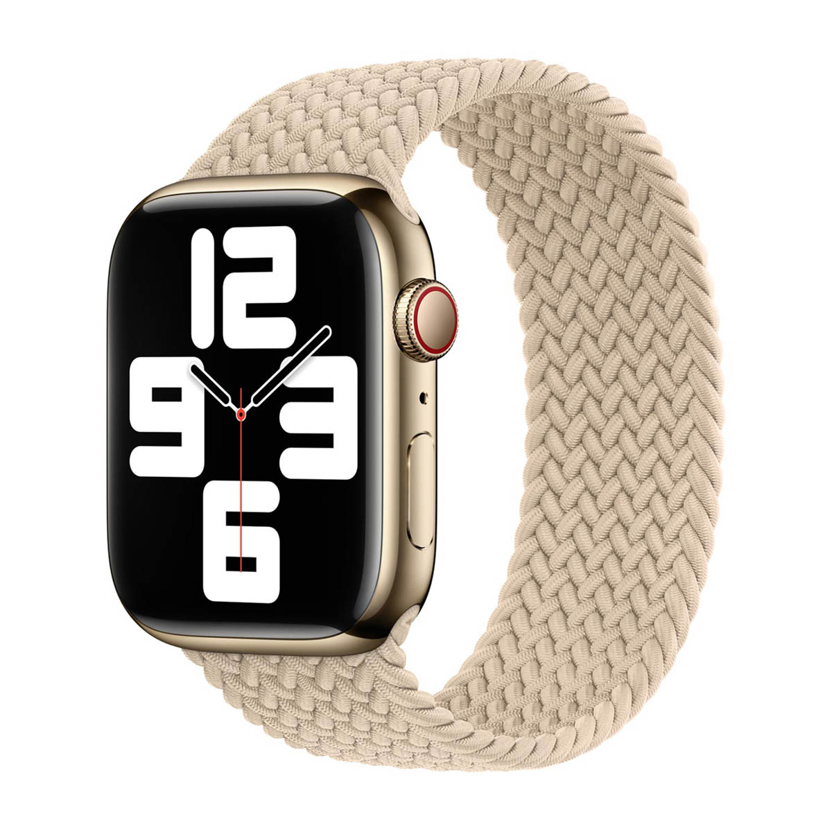 Smartwatch dorata con cinturino intrecciato beige e quadrante digitale nero.
