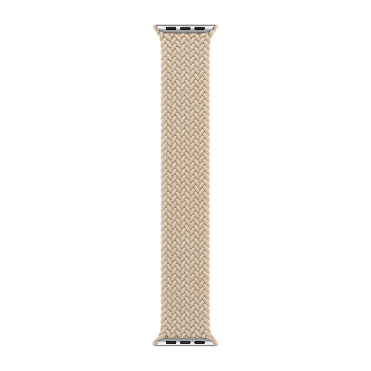 Un cinturino per orologio intrecciato beige chiaro con connettori argentati.