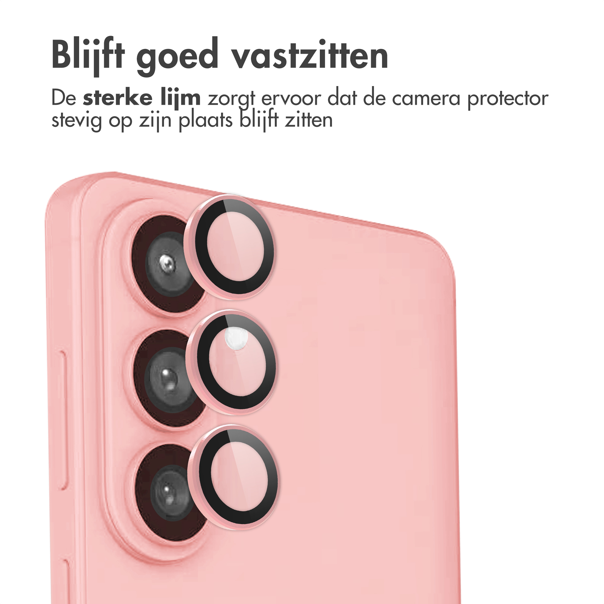Retro del telefono rosa con tre obiettivi della fotocamera e anelli protettivi.
