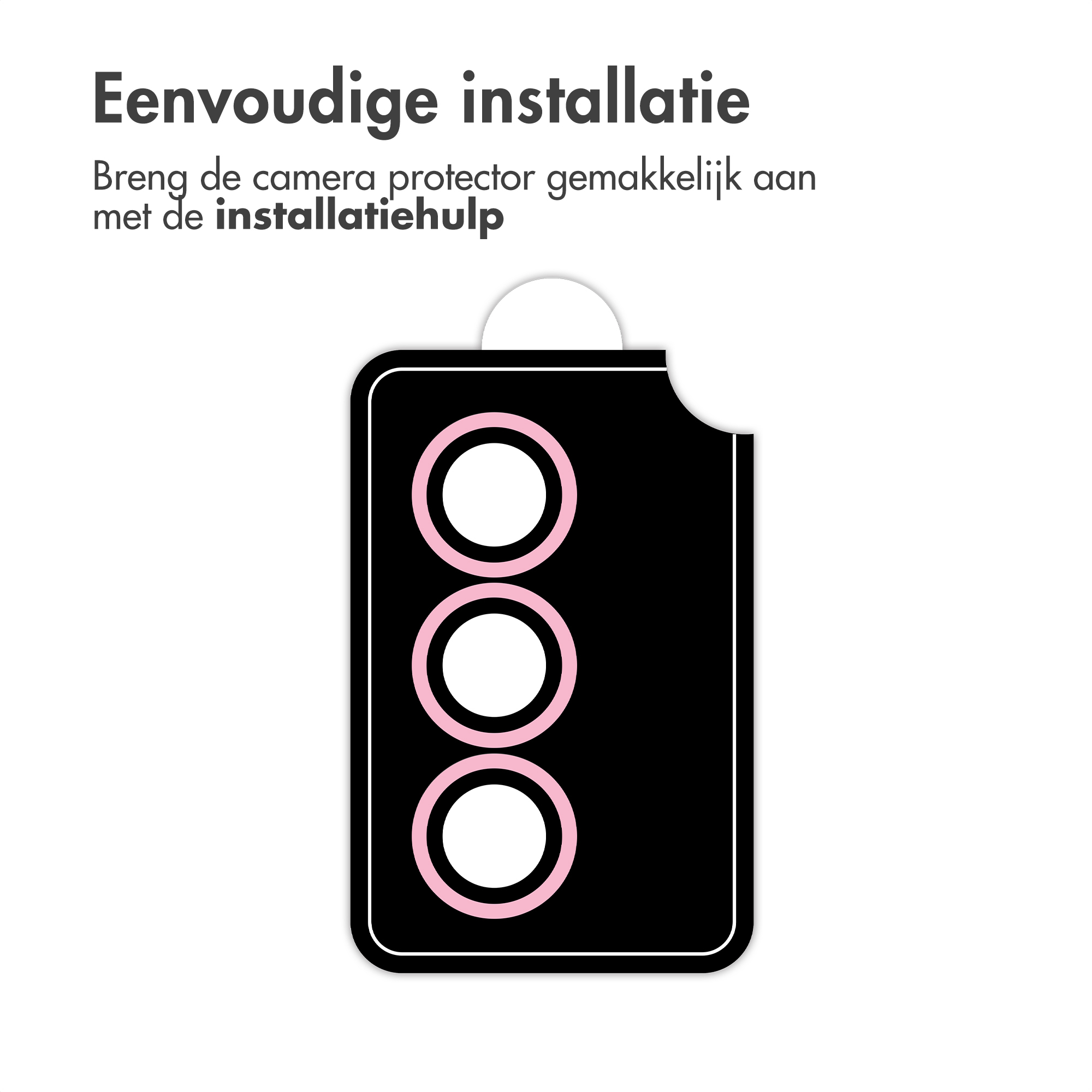 Illustrazione fotocamera telefono con tre lenti e ausilio installazione.