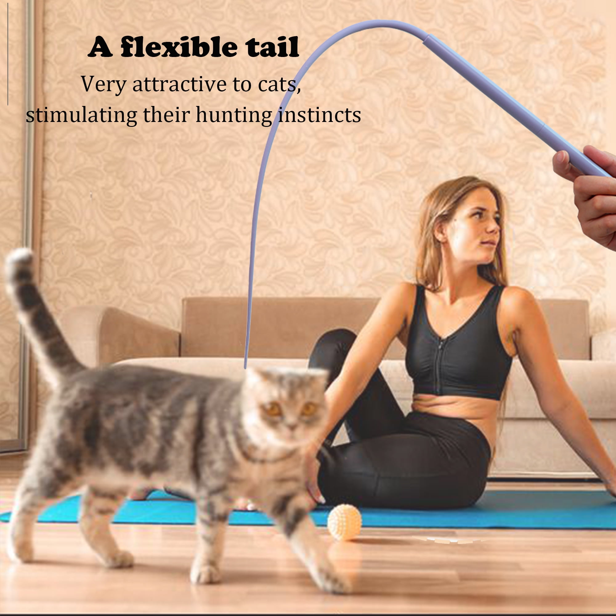 Eine Frau mit einem Spielzeug für Katzen und eine Katze auf einer Matte.