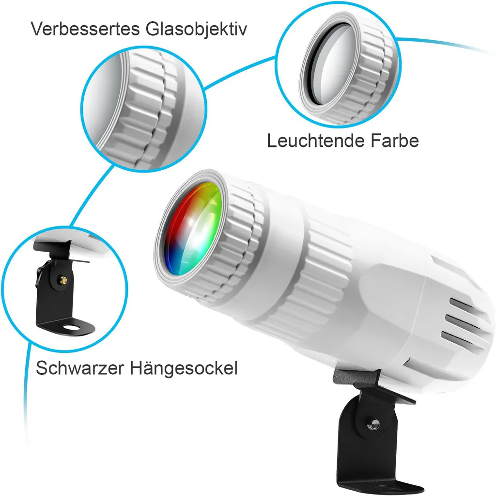 Weißer Projektor mit Glasobjektiv und Regenbogenlicht, schwarzer Halterung.