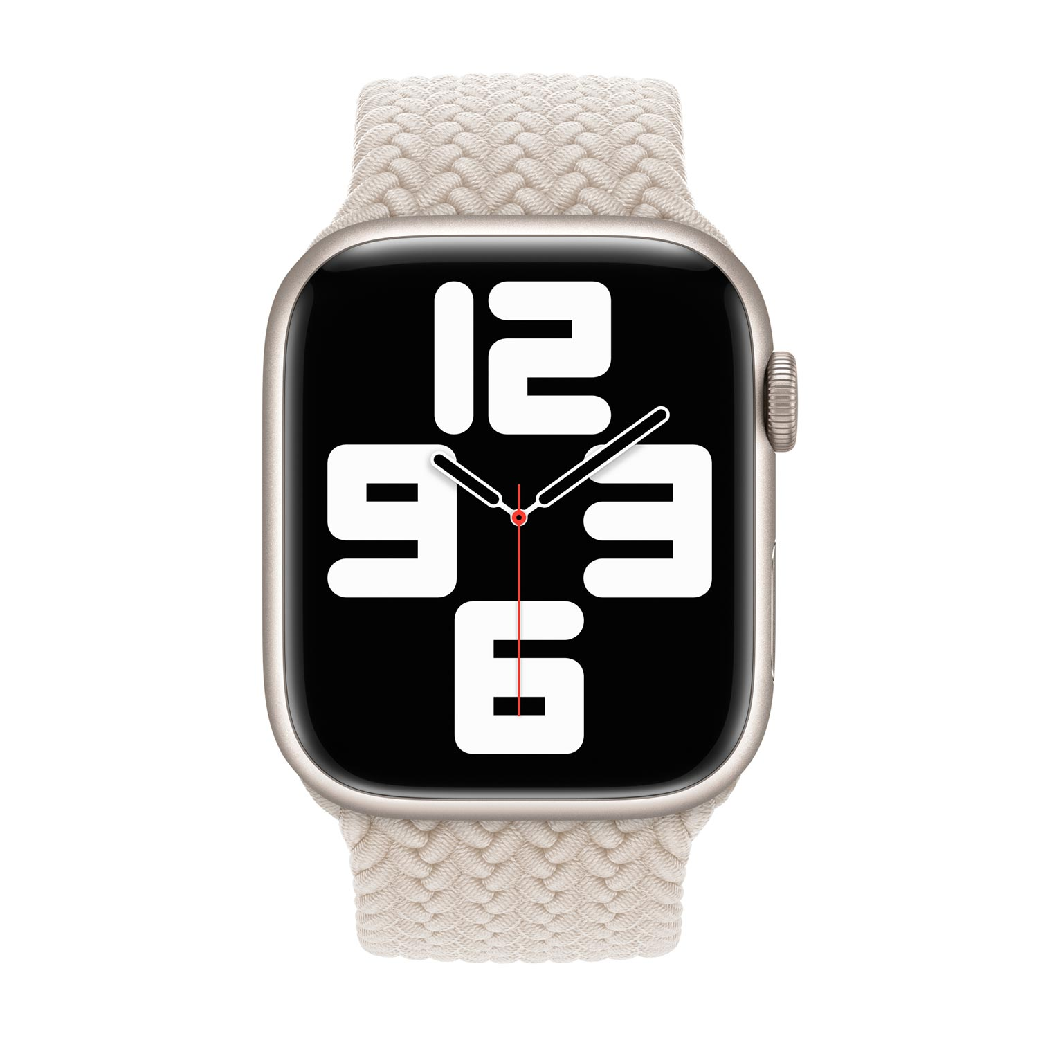 Uno smartwatch color chiaro con cinturino intrecciato bianco e schermo nero.