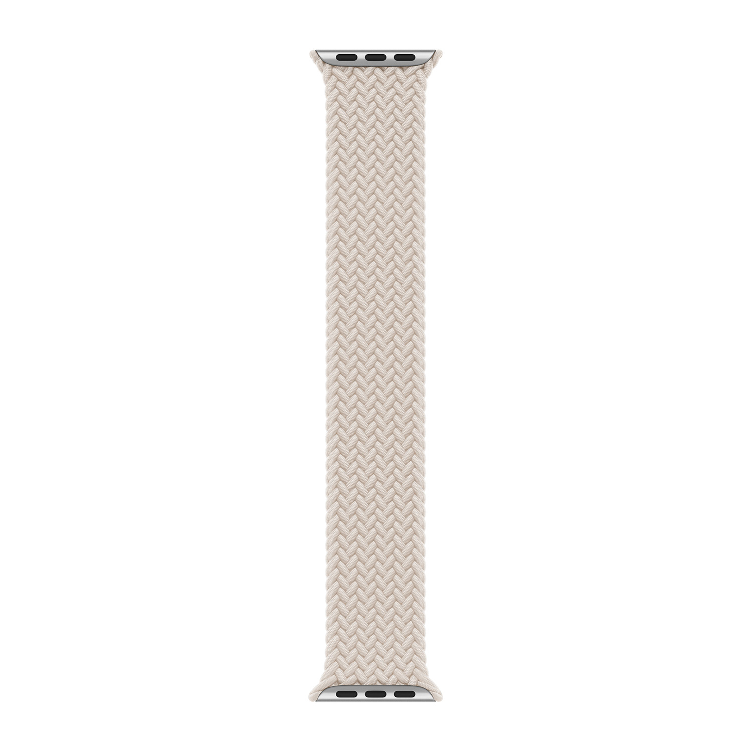 Un cinturino per orologio intrecciato beige chiaro su sfondo bianco.