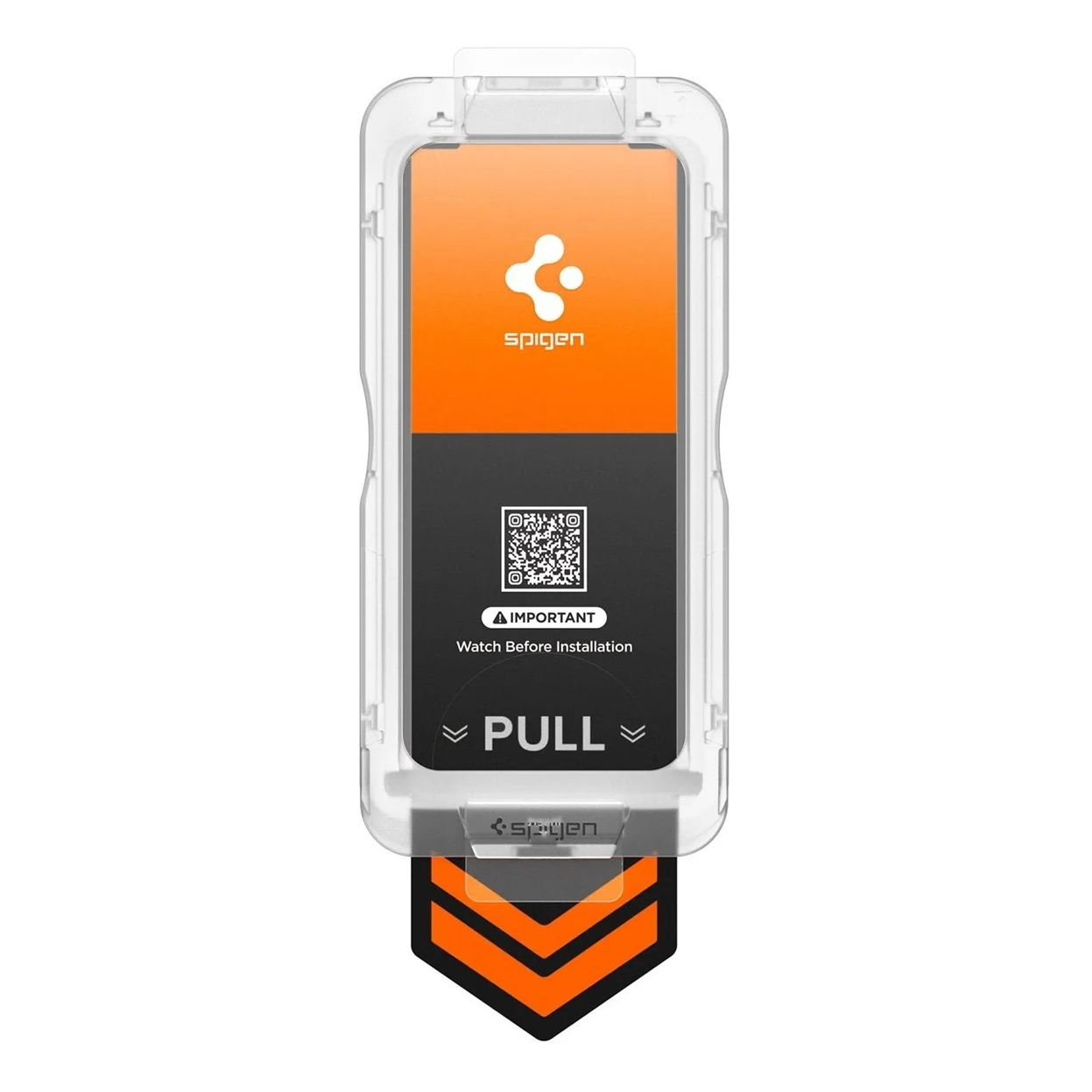 Un cadre d'installation Spigen transparent avec des accents orange.