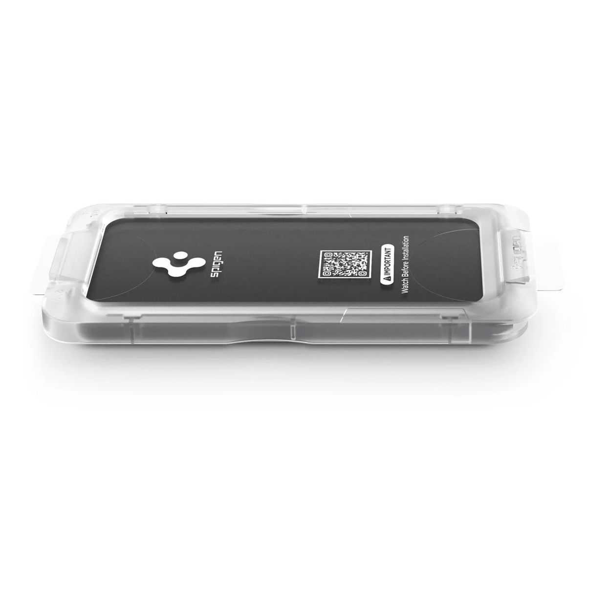 Un support en plastique transparent avec un insert noir montrant le logo Spigen et un code QR.