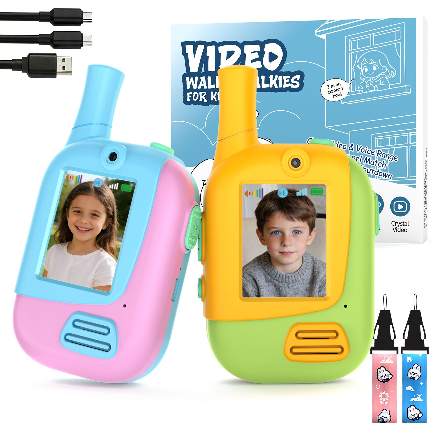 Zwei bunte Walkie-Talkies für Kinder, beide mit Bildschirm und Kamera.