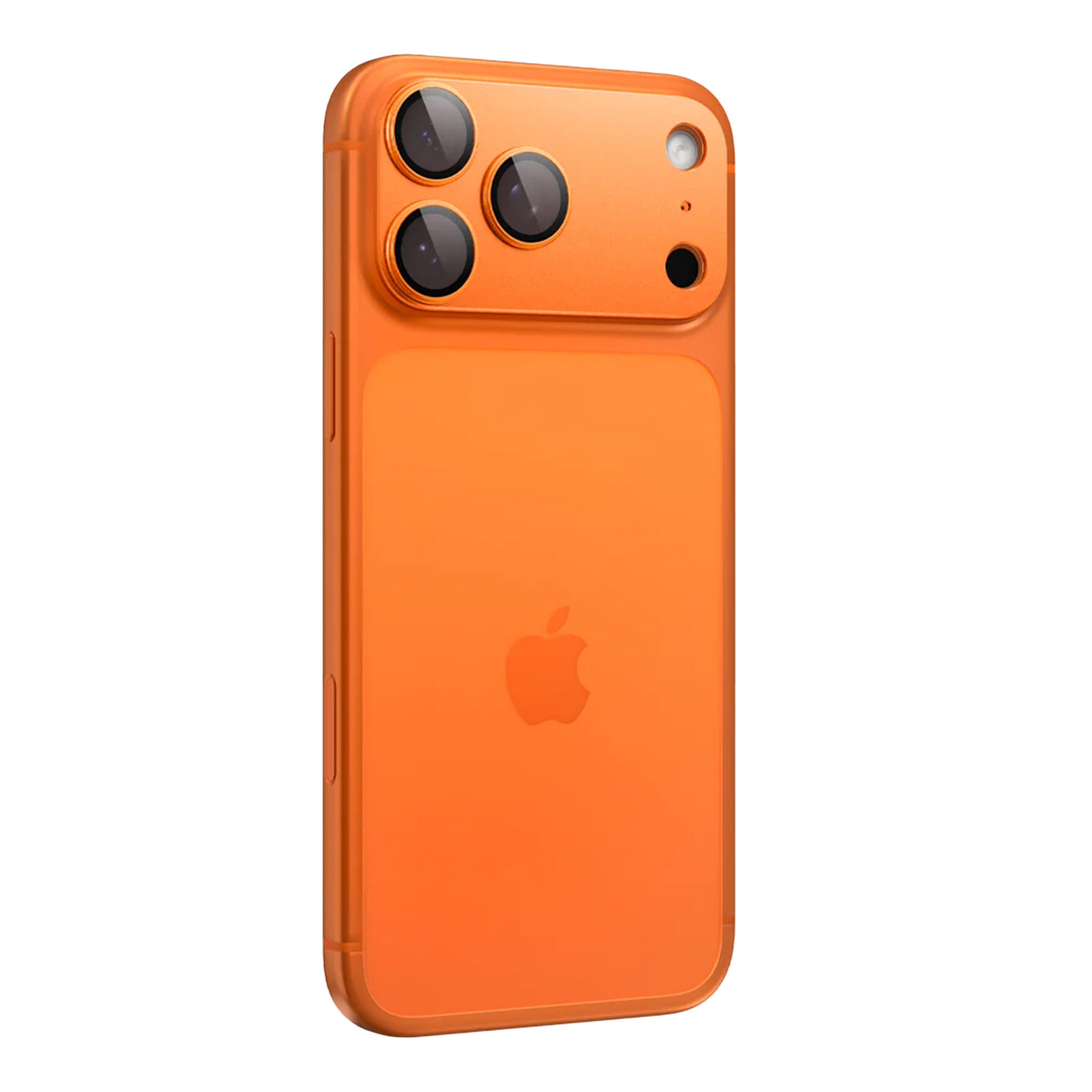 Oranje iPhone met Apple logo en drie achterste cameralenzen.