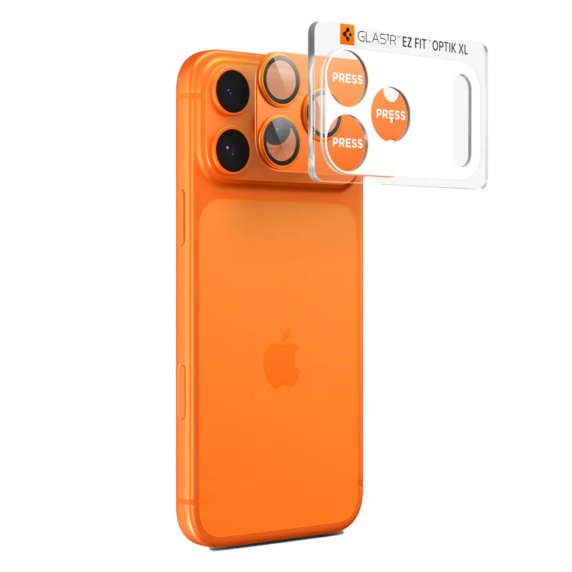 Oranje iPhone met aangebrachte screenprotector, met vier ronde uitsparingen.