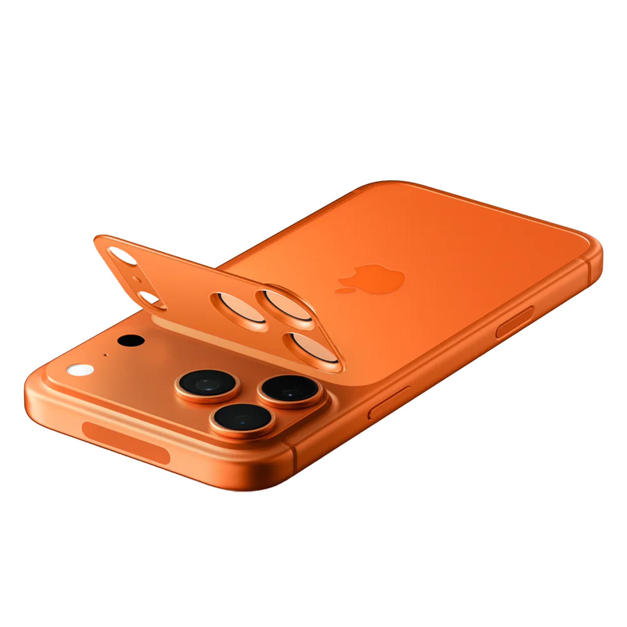 Oranje iPhone met drie cameralenzen en een Apple logo op de achterkant.