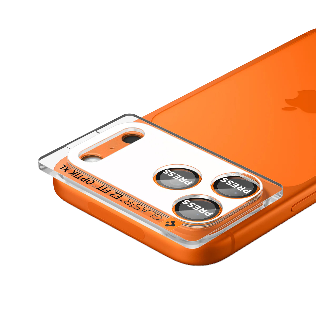 Een doorzichtige screenprotector met drie "PRESS" stickers op een oranje telefoonhoesje.