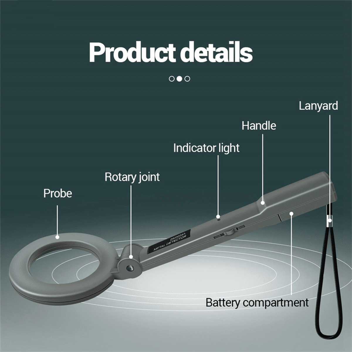 Metalldetektor mit Sonde, Drehgelenk, Kontrollleuchte, Griff, Lanyard, Batteriefach.