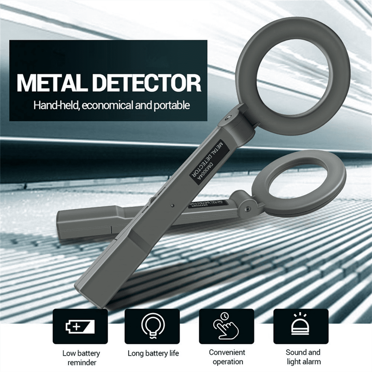 Ein Hand-Metalldetektor mit kreisförmiger Sonde, drei Symbolen und Text.