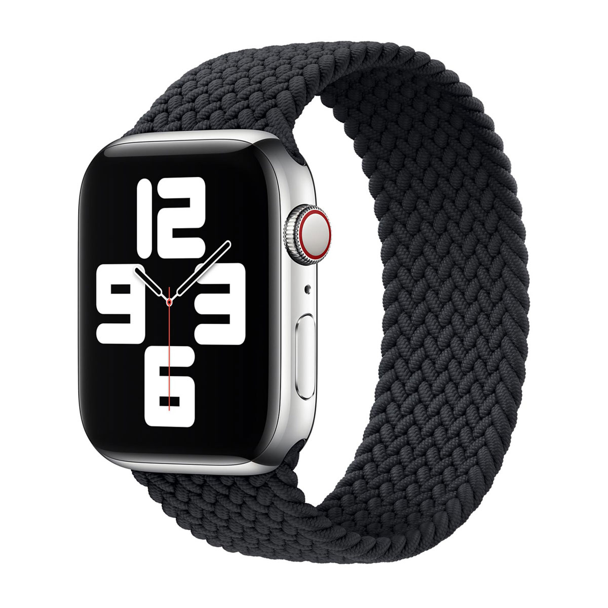 Een grijs smartwatch met gevlochten band en groot digitaal scherm dat de tijd toont.