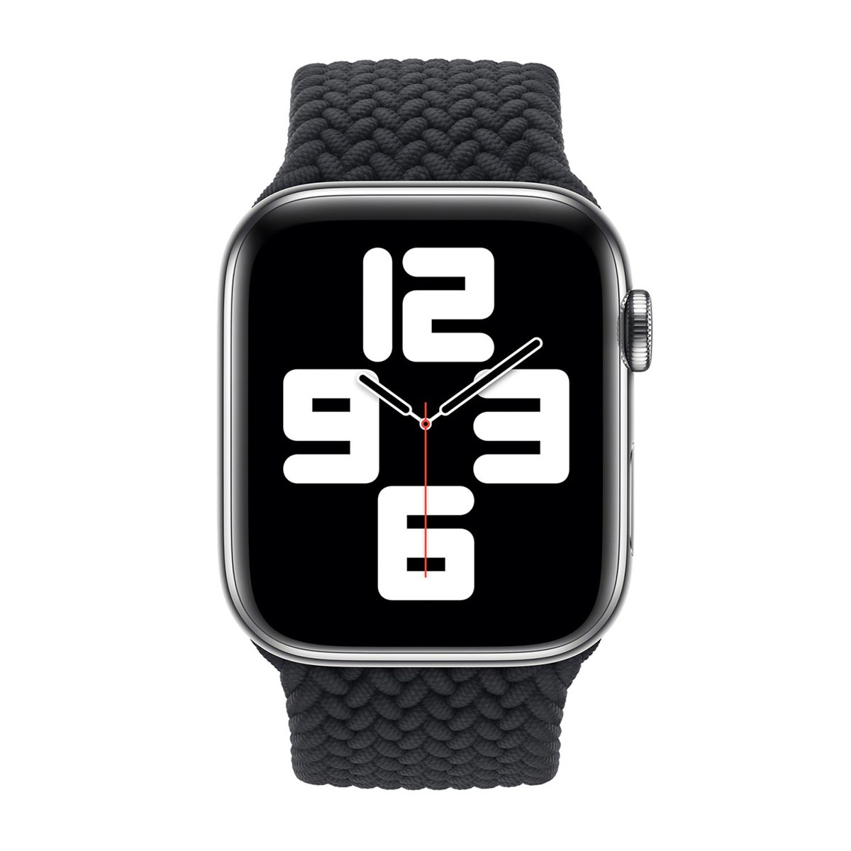 Een donkergrijs gevlochten bandje op een smartwatch met zwart gezicht.