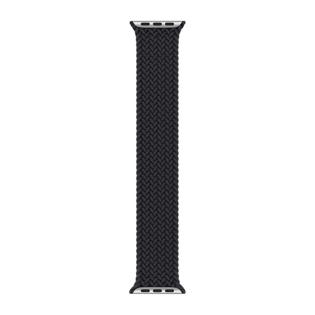 Donkergrijs gevlochten Apple Watch band met zilveren connectoren.