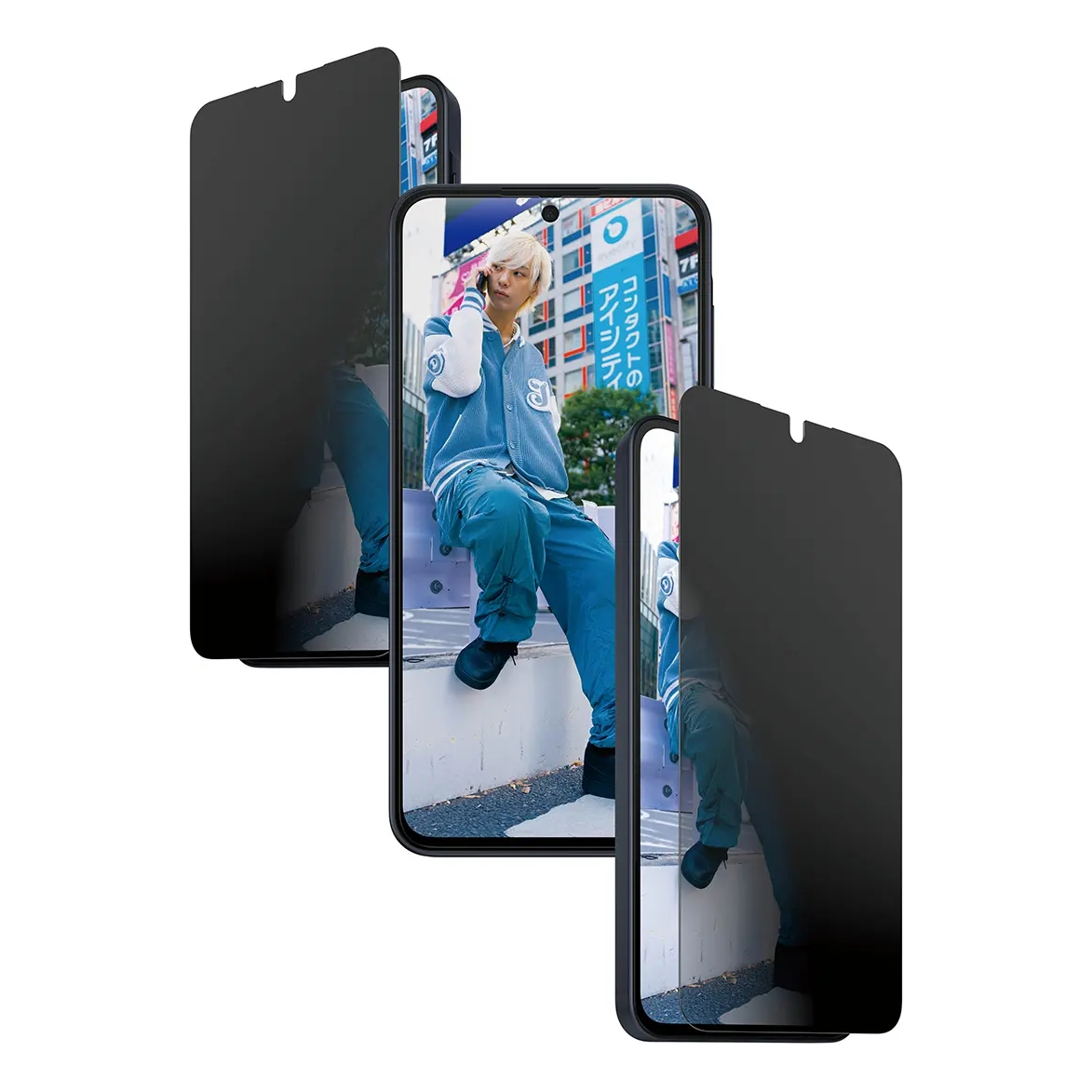 Drie screenprotectors met een man in blauwe kleding.