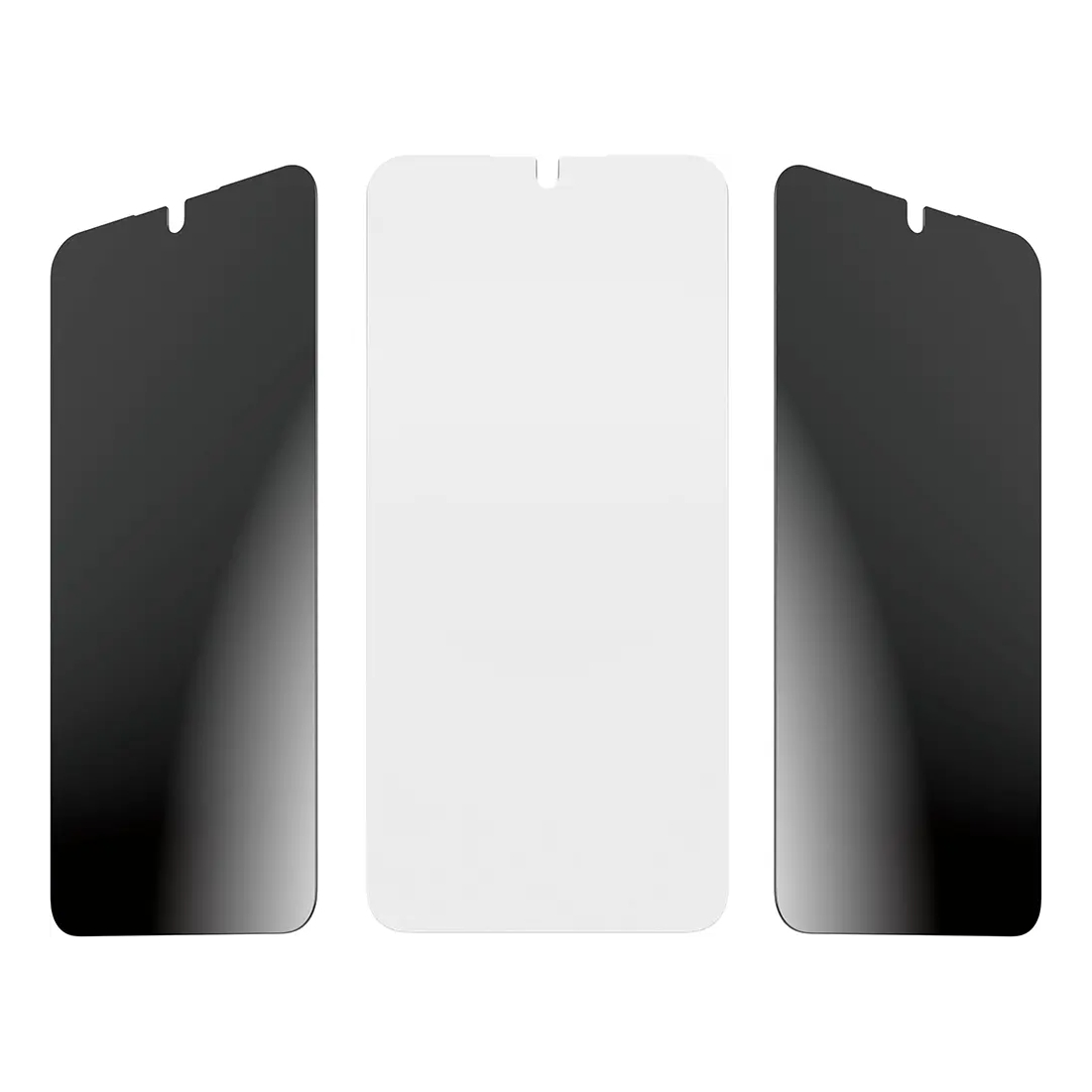 Drie screenprotectors, één wit en twee donker, naast elkaar op een witte achtergrond.