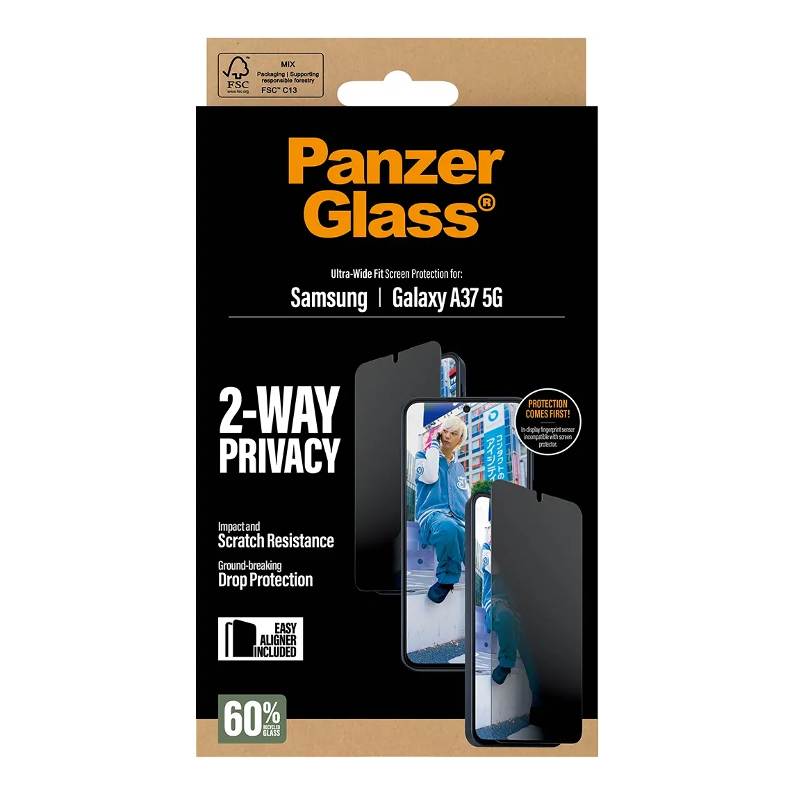 Verpakking Panzer Glass screenprotector voor Samsung Galaxy A37 5G met 2-weg privacy.