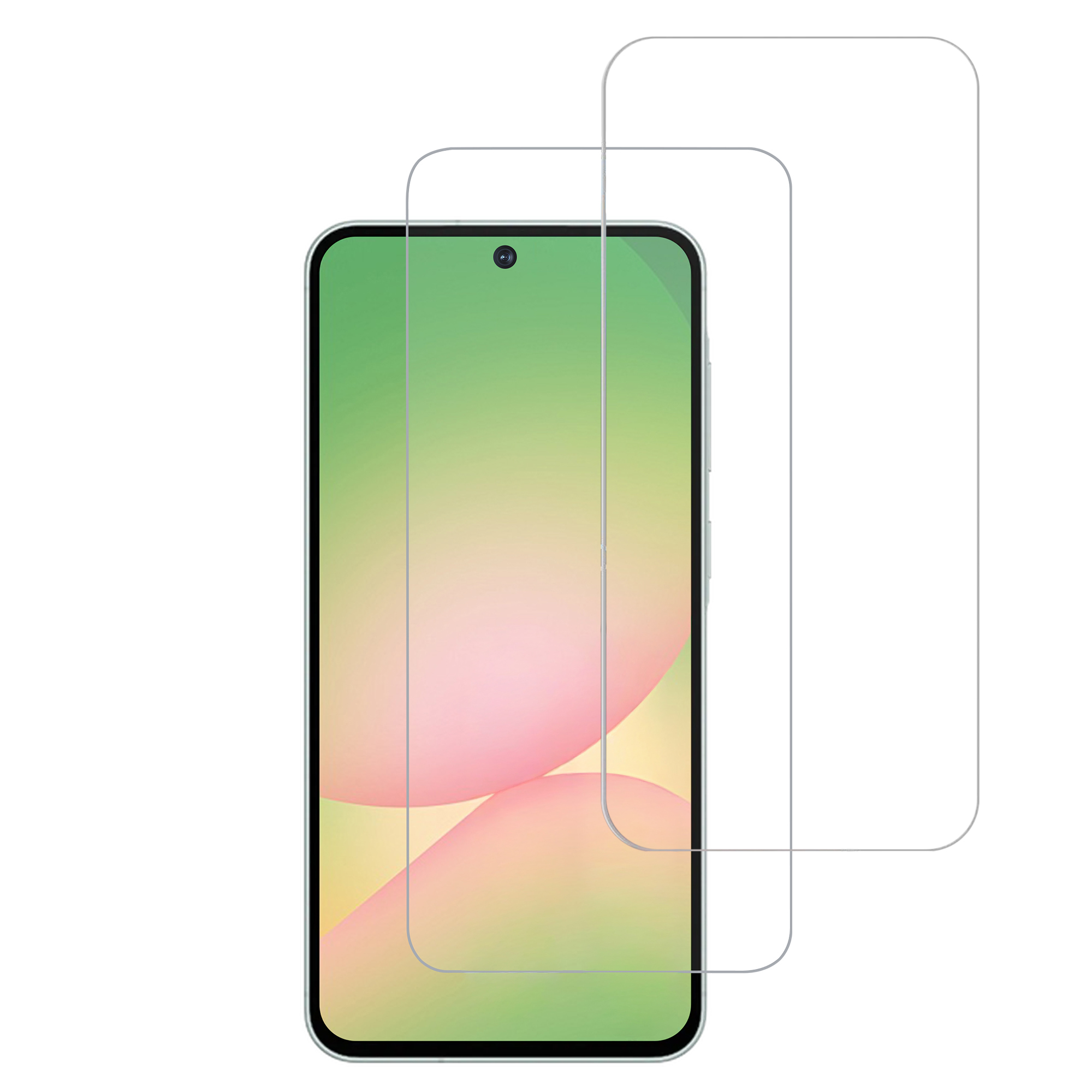 Due pellicole protettive trasparenti su uno smartphone con sfondo verde.