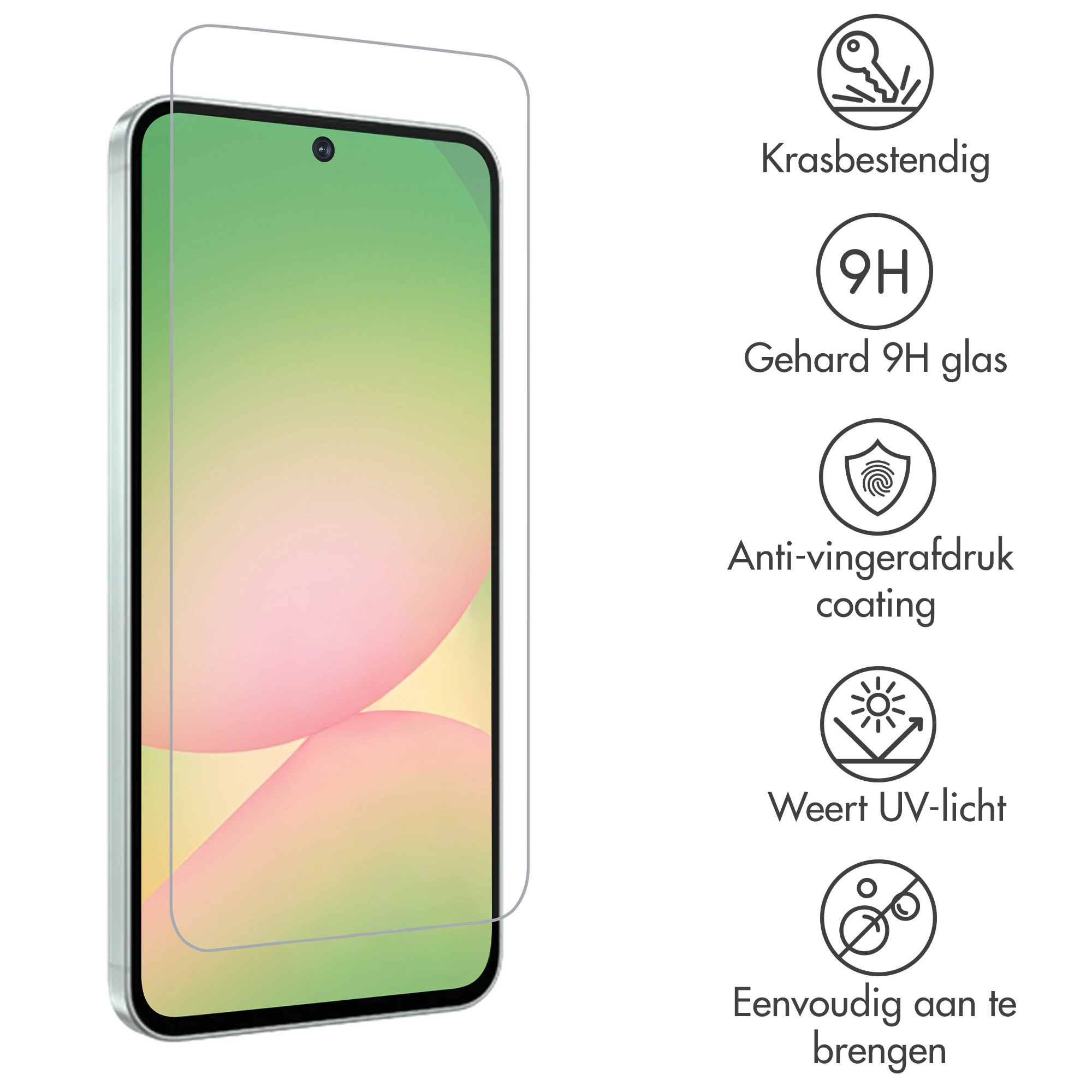 Una protezione per lo schermo di uno smartphone con icone per resistenza ai graffi, durezza 9H, rivestimento anti-impronta, protezione UV e facile applicazione.