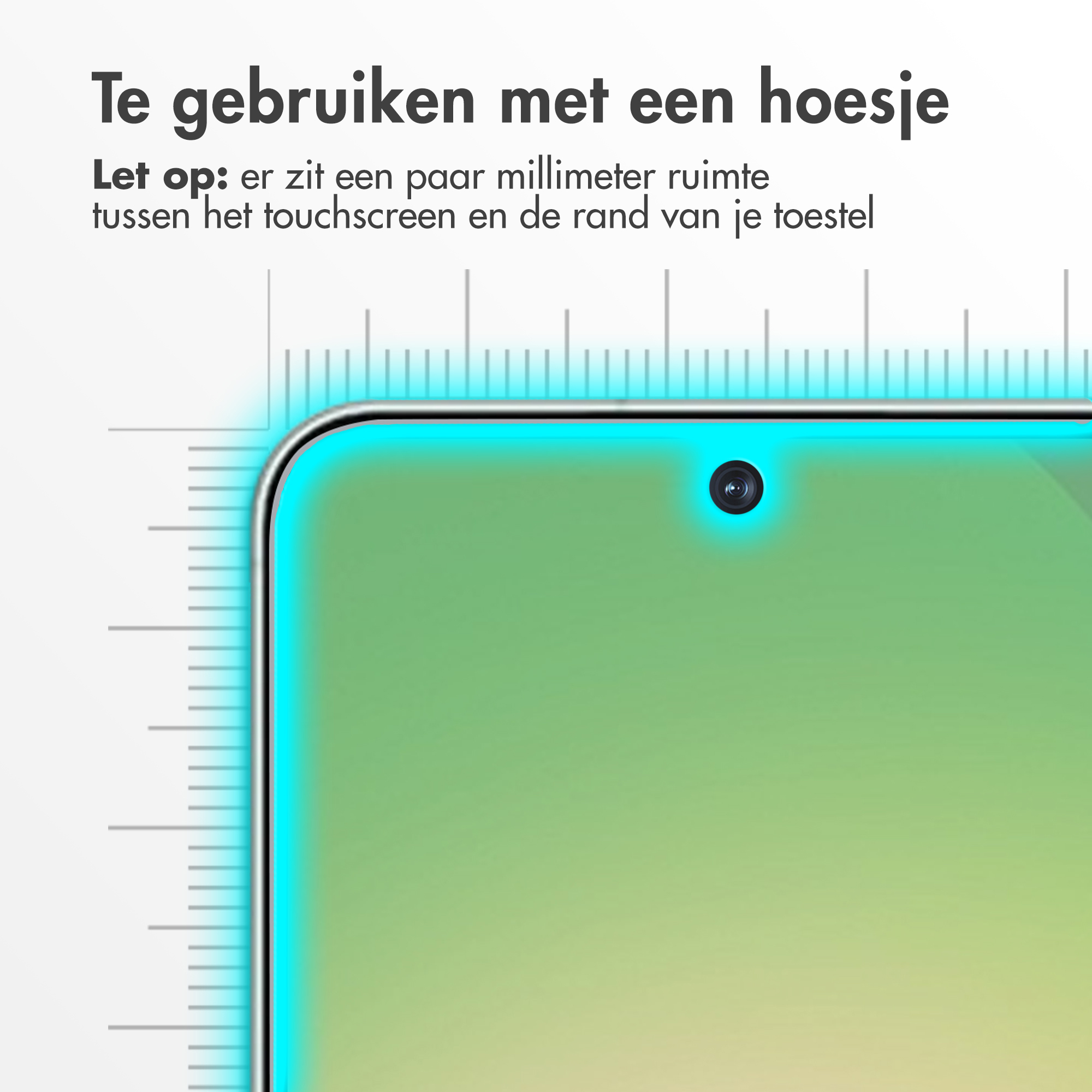 Primo piano di uno smartphone con fotocamera e segni di righello. Testo in olandese.
