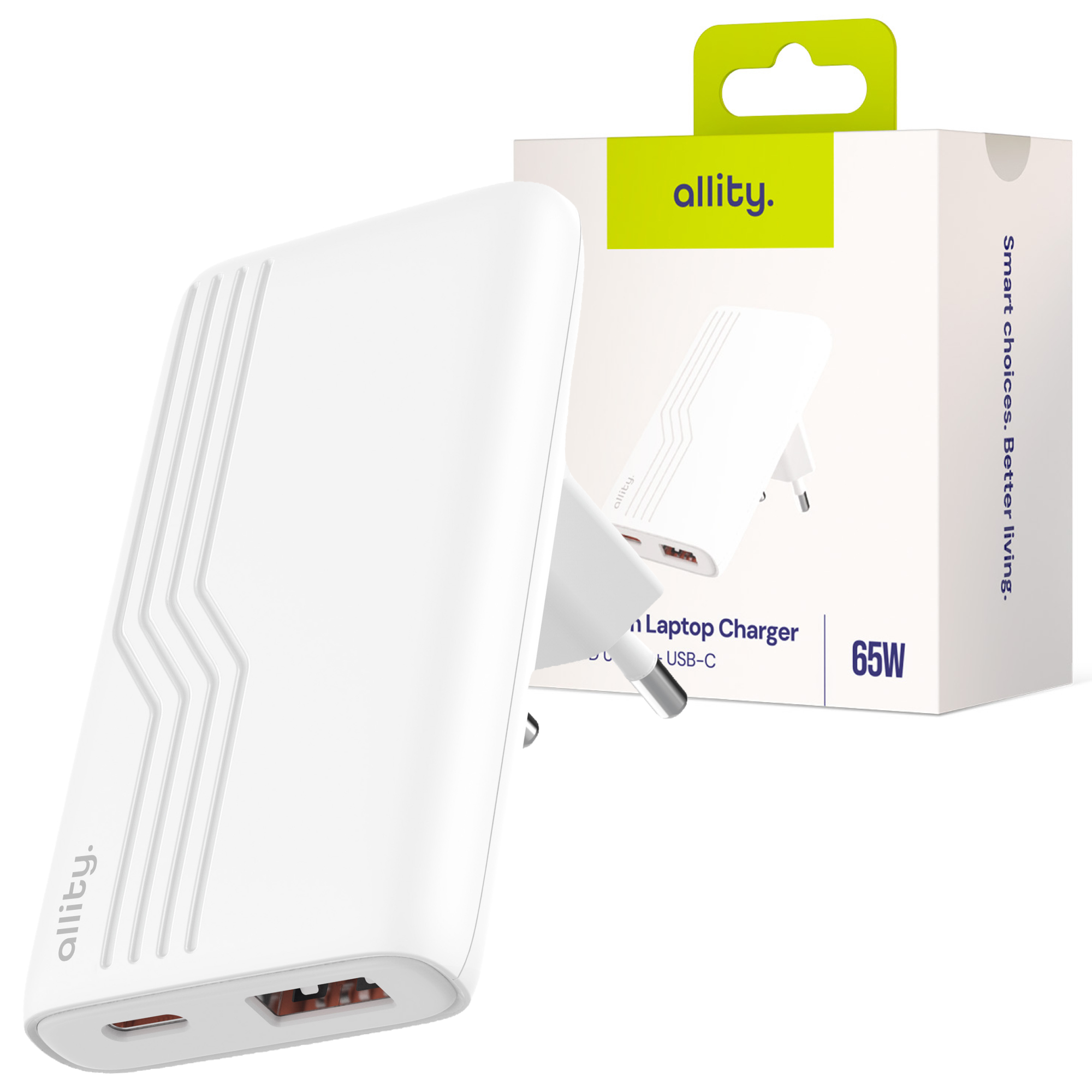 Biała ładowarka do laptopa Allity 65W USB-C z dwoma portami i opakowaniem.