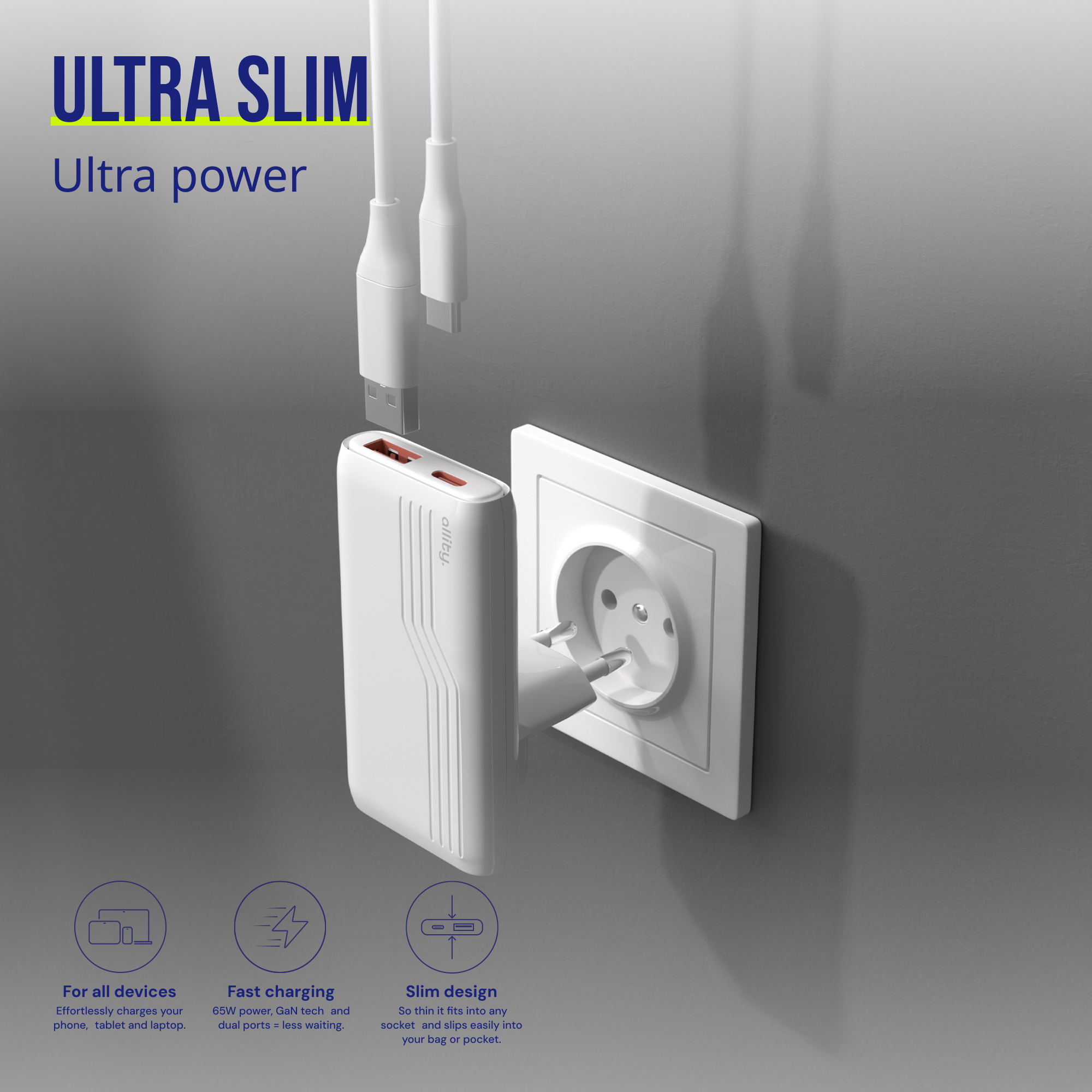 Biały, ultracienki power bank podłączony do gniazdka. Podłączony kabel USB-C.