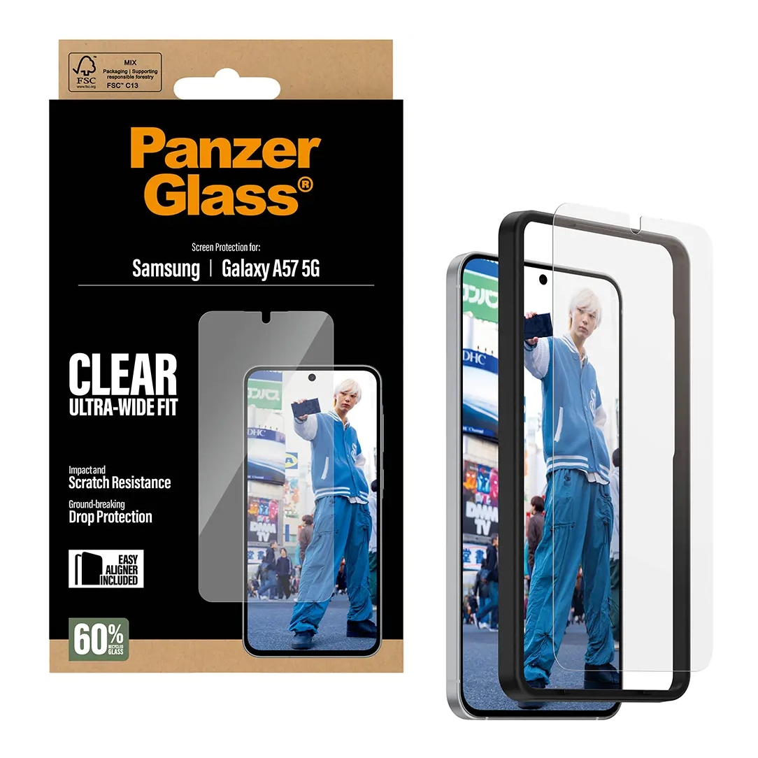 Panzer Glass screenprotector verpakking voor Samsung Galaxy A57 5G, met product.