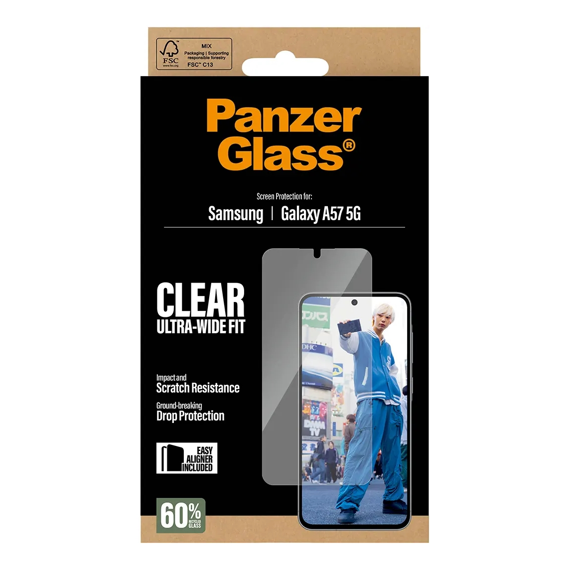 Panzer Glass screenprotector voor Samsung Galaxy A57 5G, helder, ultra-breed.
