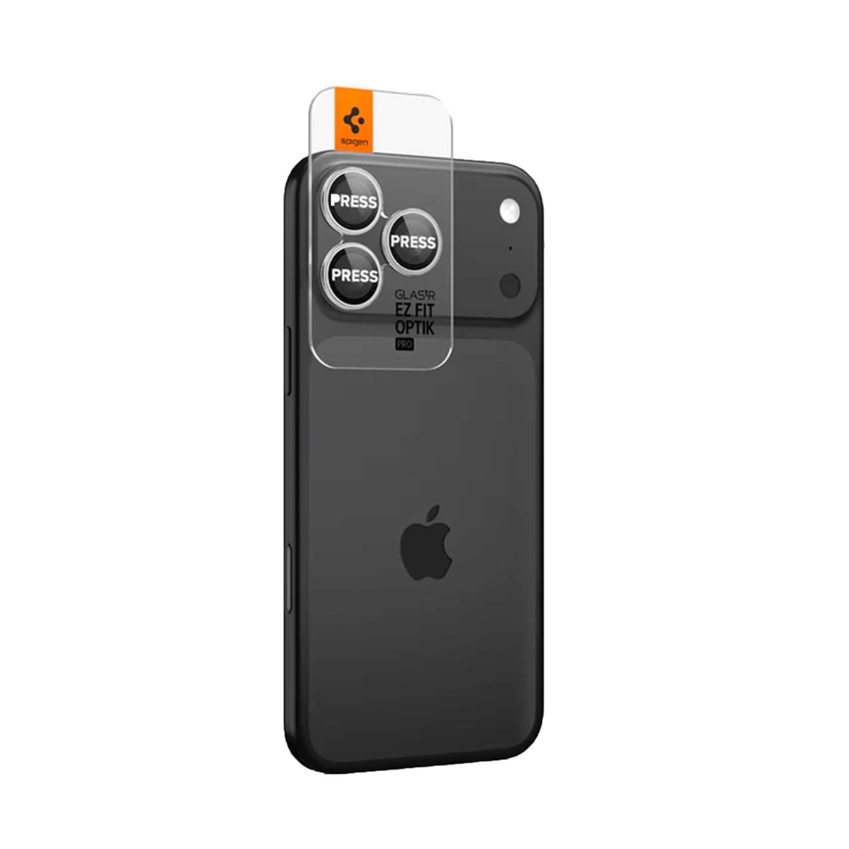 A phone camera protector with 'PRESS' labels and Spigen logo.