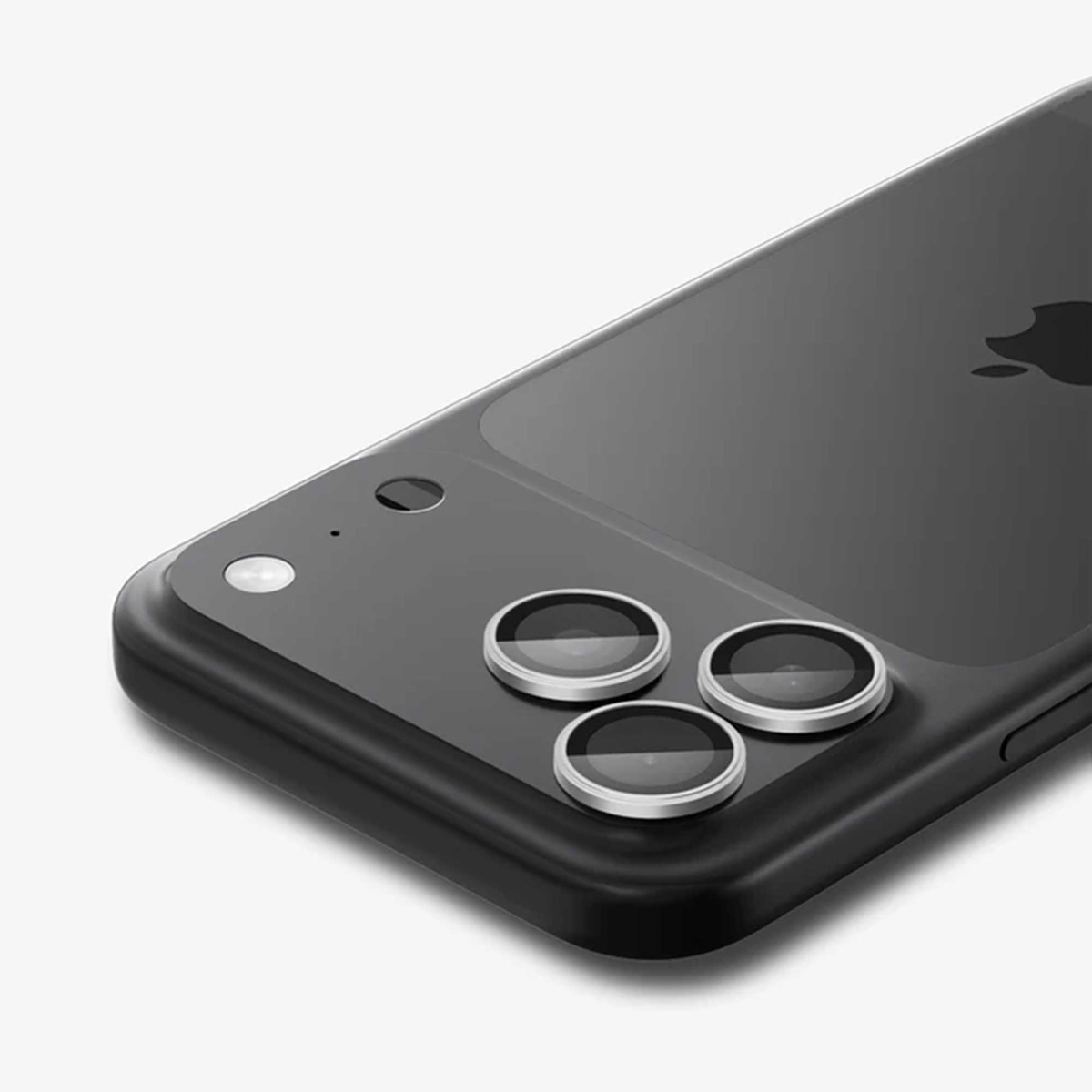 Close-up of a black iPhone with three camera lenses and the Apple logo.