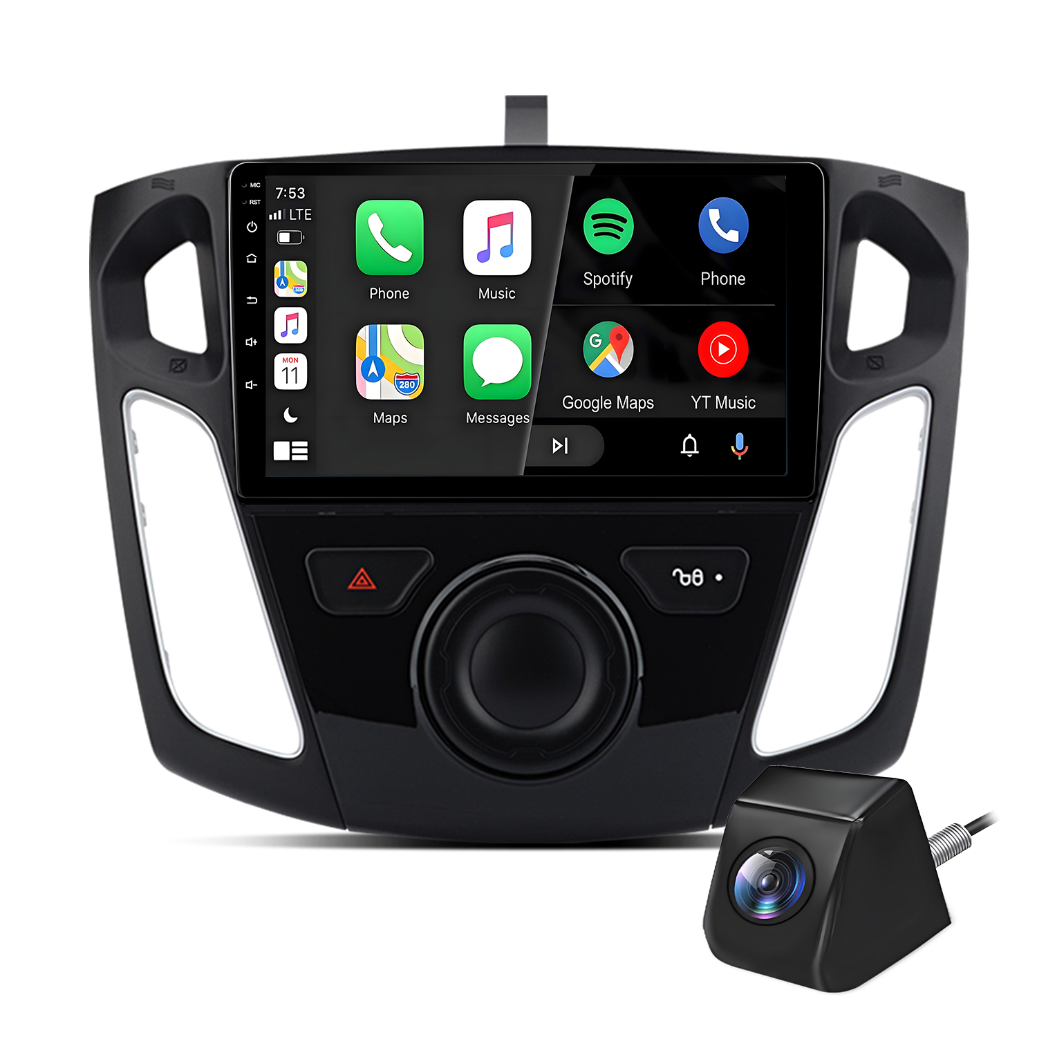 Ein schwarzes Infotainmentsystem mit Apps und eine Rückfahrkamera.