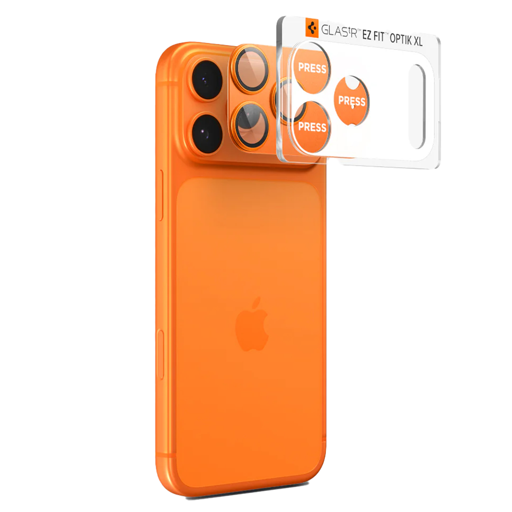 Oranje iPhone met een transparante applicator voor cameralens erbovenop.