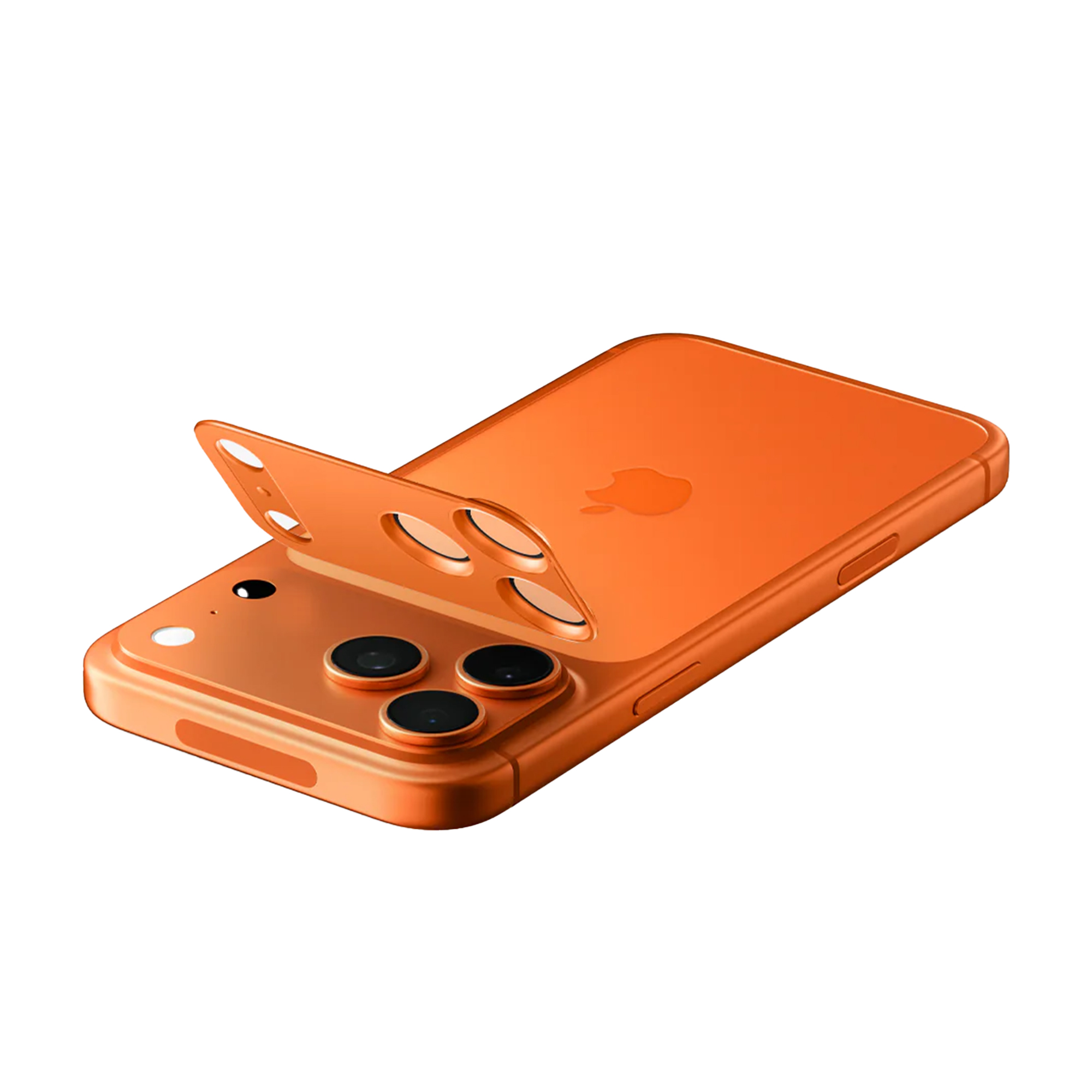 Oranje smartphone met drie camera's en Apple logo.